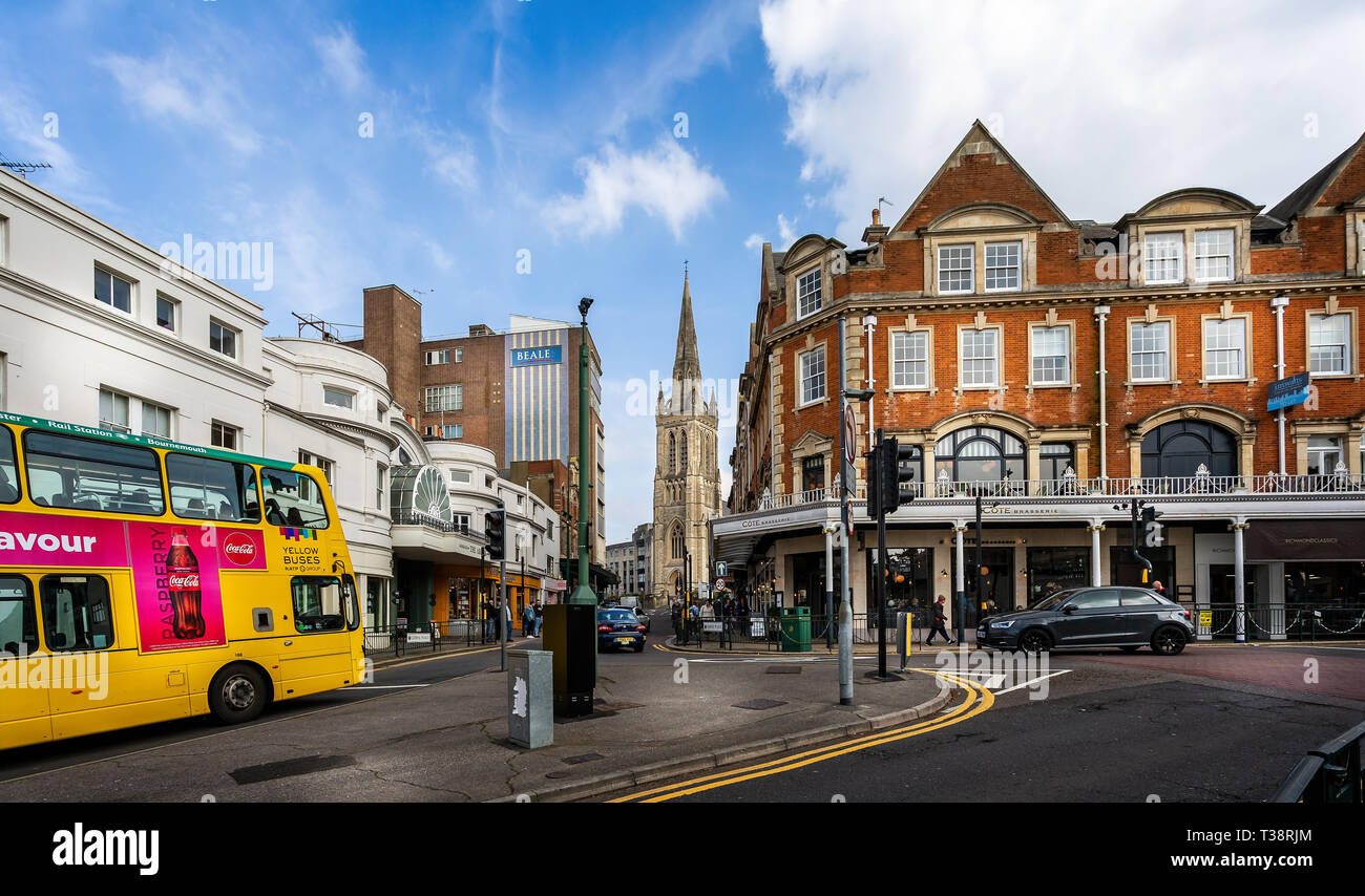View towards St Peter's Church and shopping area in Bournemouth, Dorset