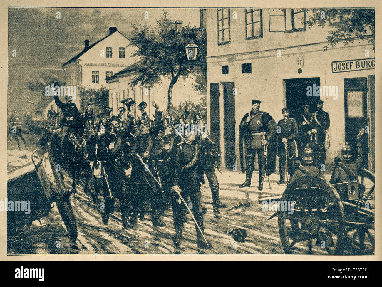 Crown Prince of Prussia Friedrich Wilhelm in the morning before the Battle of Königgrätz. Digital improved reproduction from Illustrated overview of the life of mankind in the 19th century, 1901 edition, Marx publishing house, St. Petersburg. Stock Photo