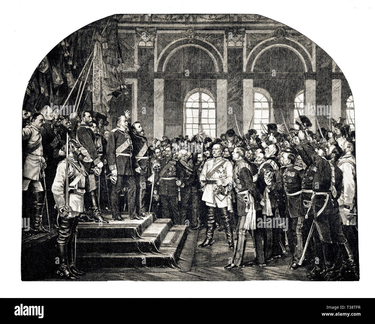 The proclamation of the German Empire in the Palace of Versailles on January 18, 1871. Werner's painting. Digital improved reproduction from Illustrated overview of the life of mankind in the 19th century, 1901 edition, Marx publishing house, St. Petersburg. Stock Photo