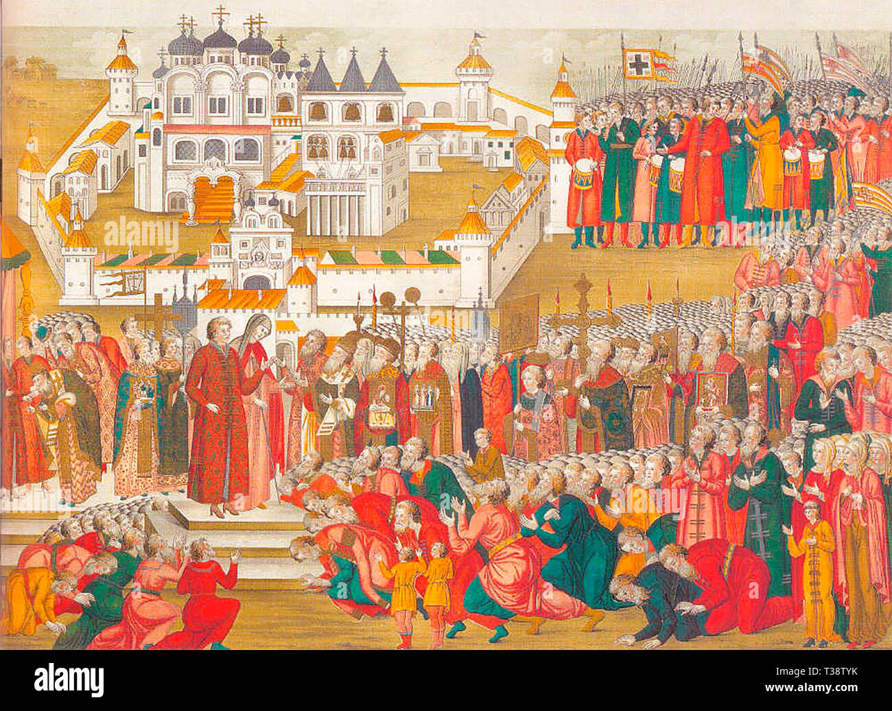 Illumination from a book dated to 1673. It represents a crowd at the Ipatiev Monastery imploring Mikhail Romanov's mother to let him go to Moscow and become their tsar. Circa 1672 Stock Photo