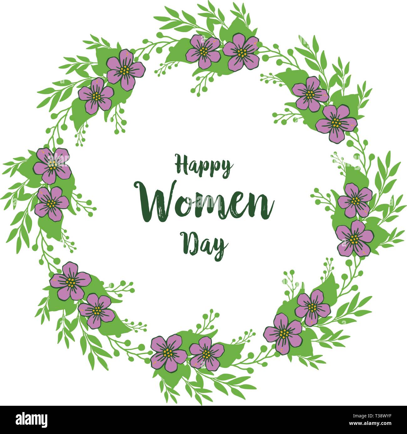 Vector illustration writing happy women day with decor purple wreath ...