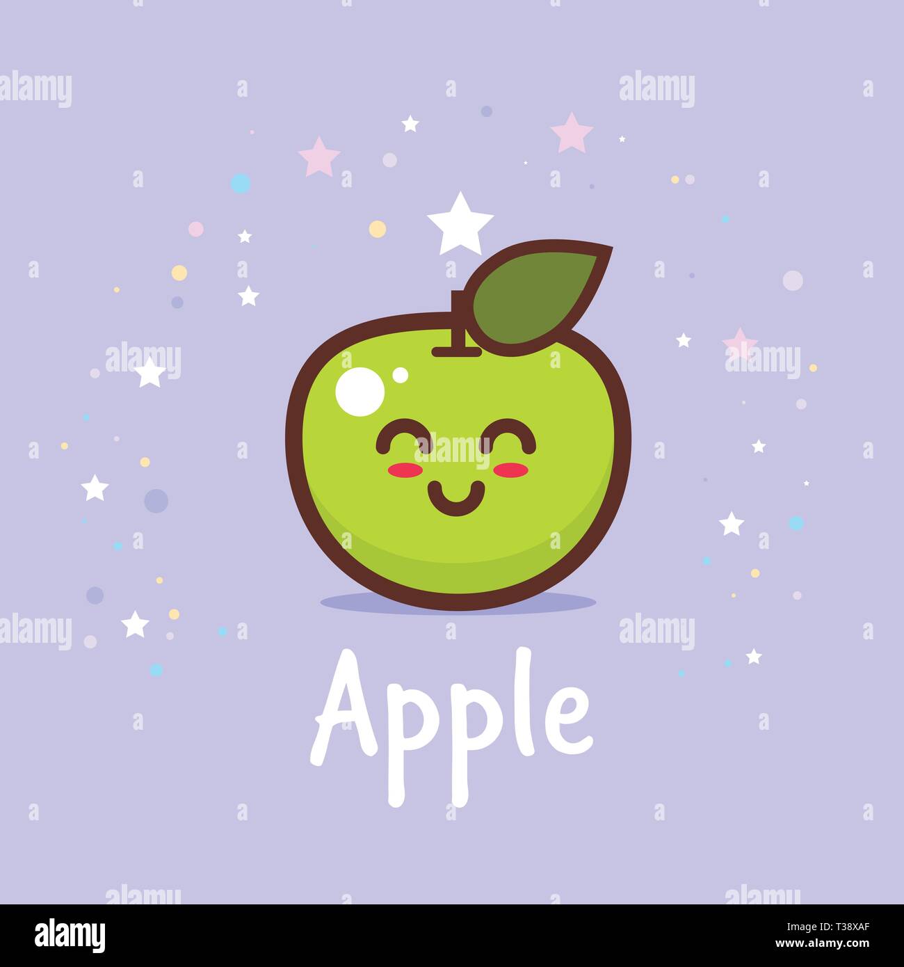 cute green apple cartoon comic character with smiling face happy emoji kawaii style fresh fruit healthy food concept vector illustration Stock Vector