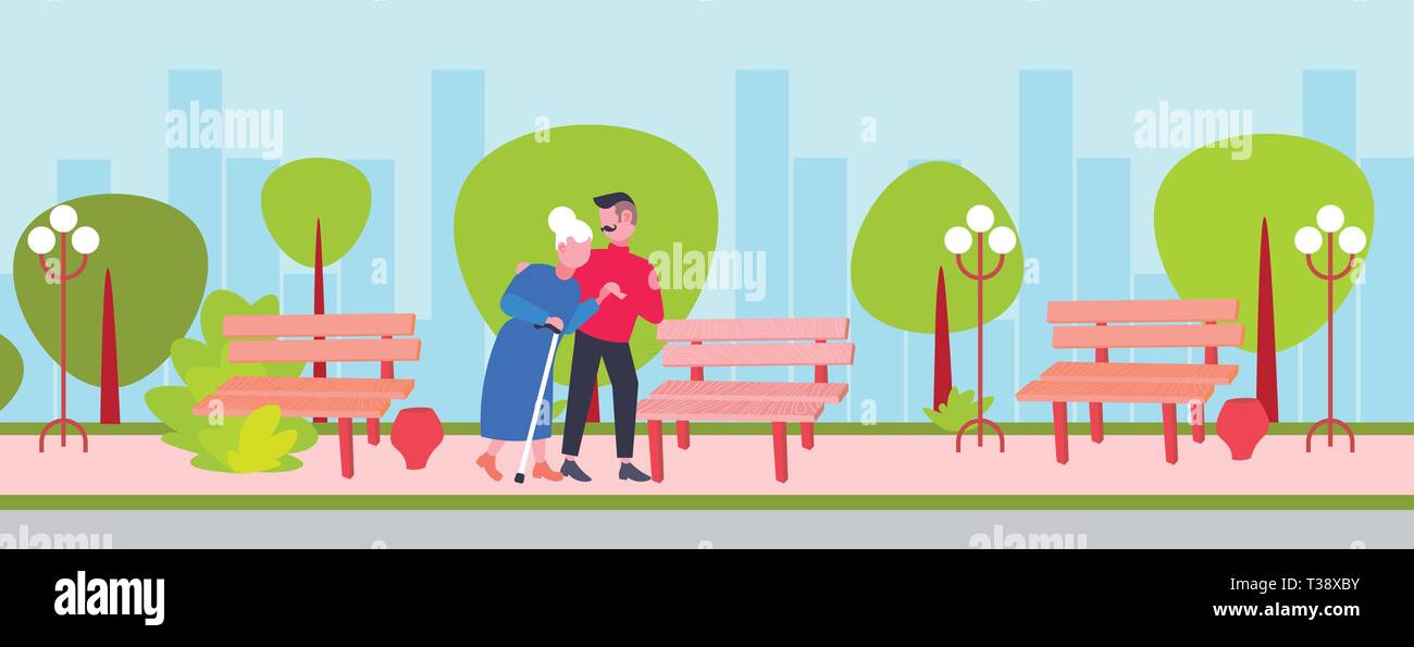 young man helping elderly gray haired grandmother guy strolling with old lady city urban park care support concept cartoon characters full length flat Stock Vector