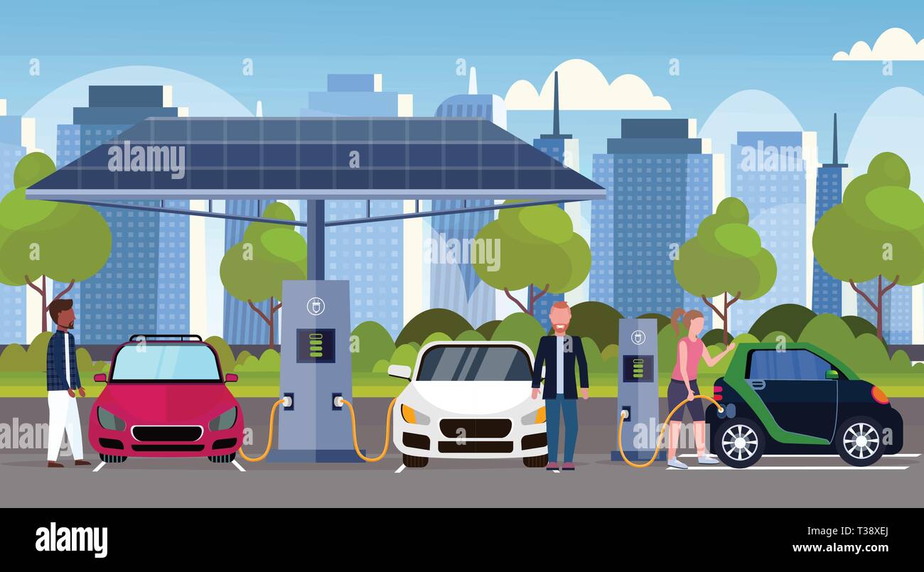 mix race people charging electric cars at electrical charge station renewable eco friendly vehicle clean transport environment care concept modern cit Stock Vector