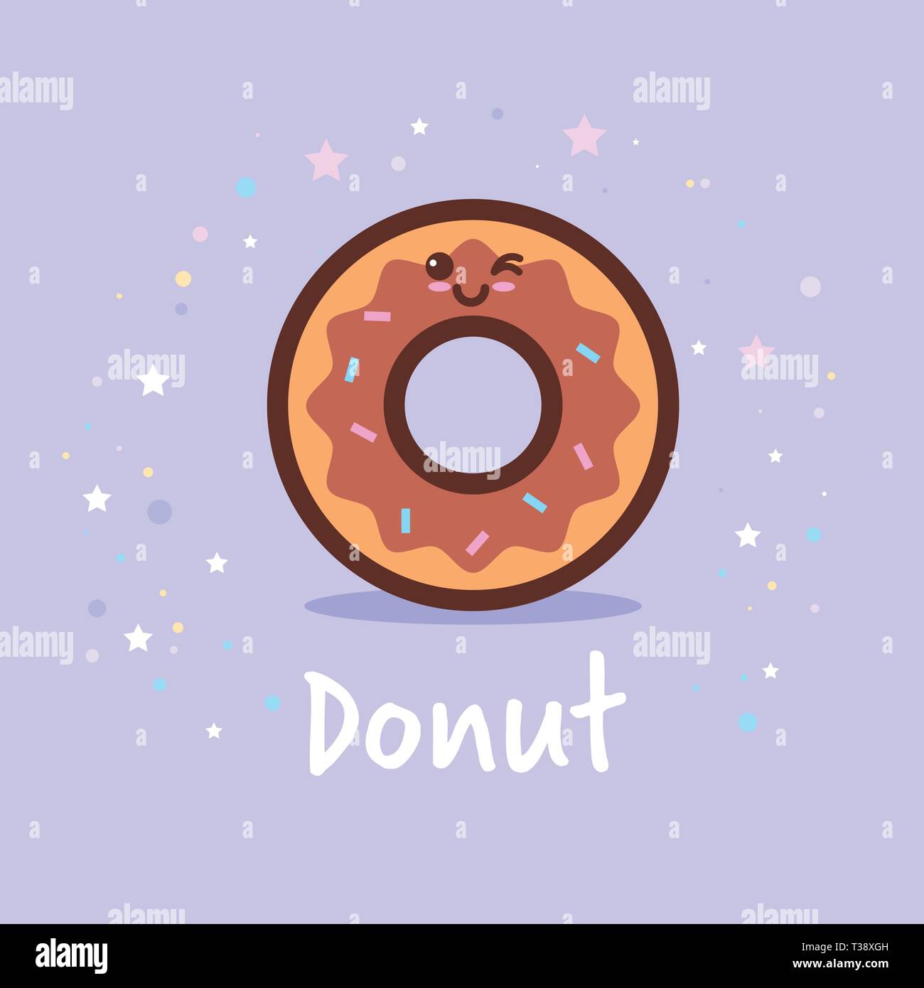 cute donut cartoon comic character with smiling face happy emoji kawaii style sweet freshly baked cookie dessert food concept vector illustration Stock Vector