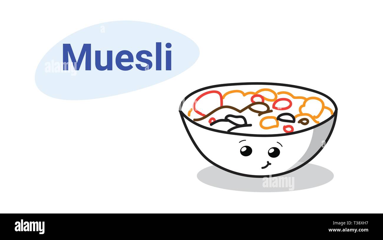 cute muesli with yogurt and fruits bowl cartoon comic character with smiling face happy emoji kawaii hand drawn style healthy food concept horizontal  Stock Vector