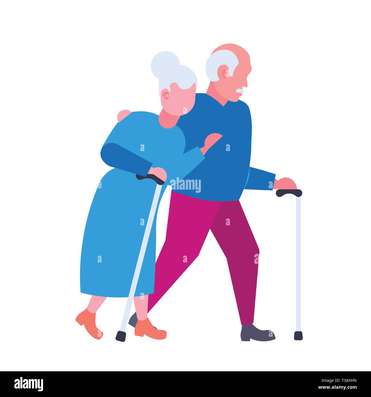 senior elderly couple walking together aged gray haired man woman embracing happy grandparents in love togetherness concept flat cartoon characters fu Stock Vector