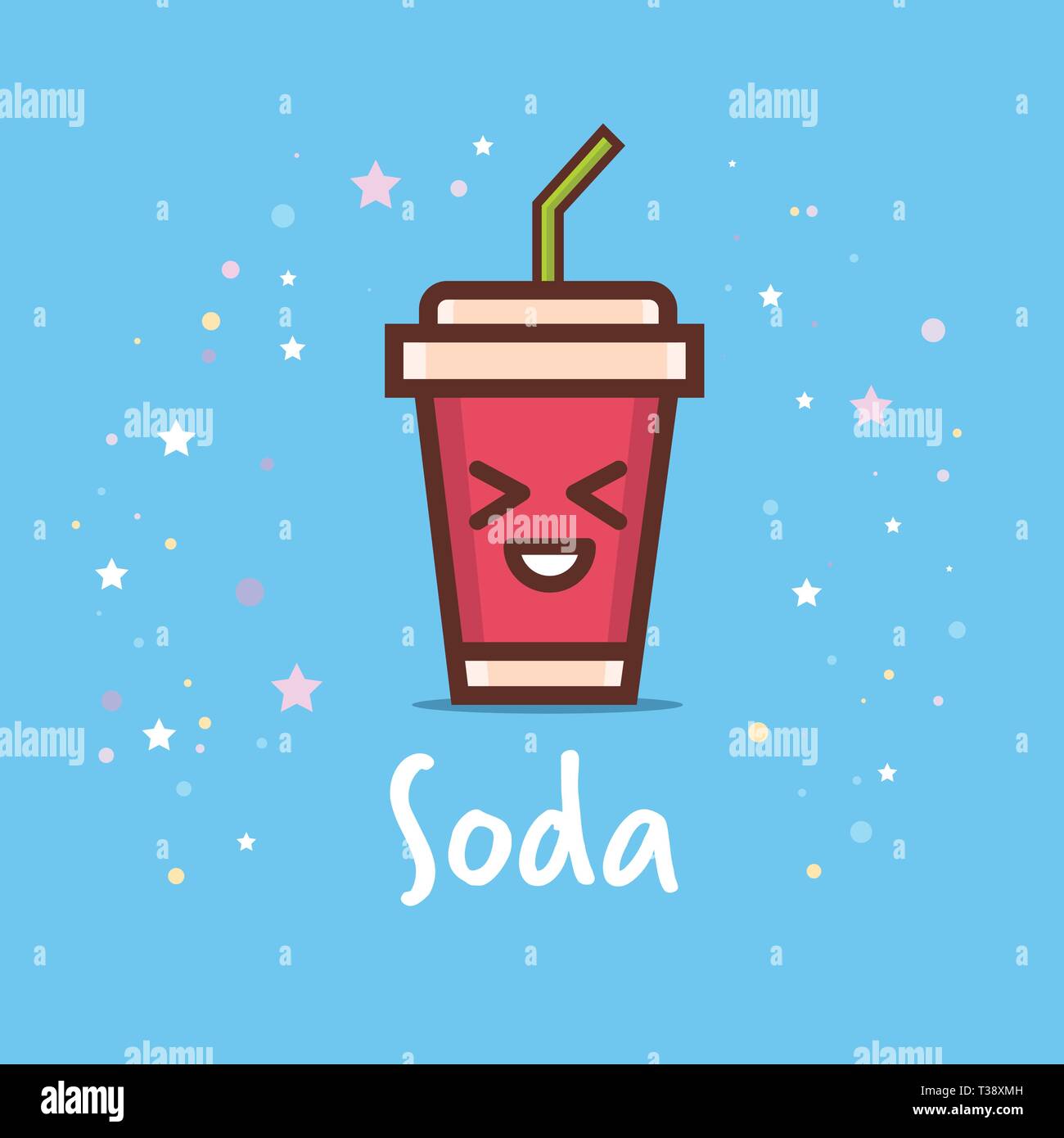 cute cup of soda cartoon comic character with smiling face happy emoji kawaii style fresh drink concept vector illustration Stock Vector