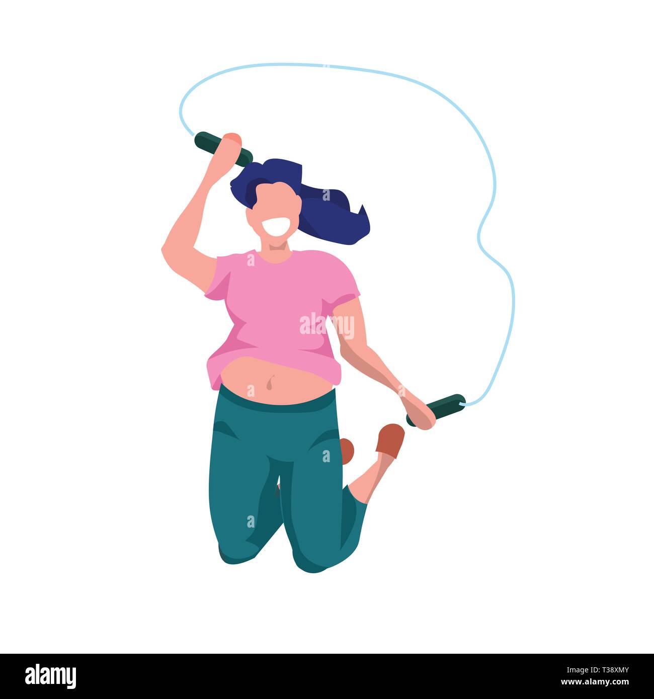 fat obese woman doing exercises with jumping rope overweight girl