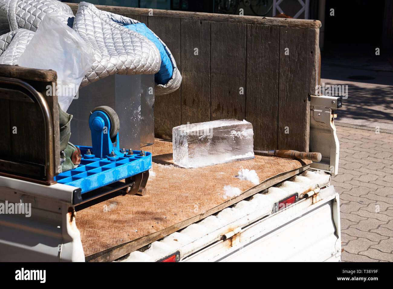 A block of ice and ice saw used by an ice cutter in Asakusa, Tokyo