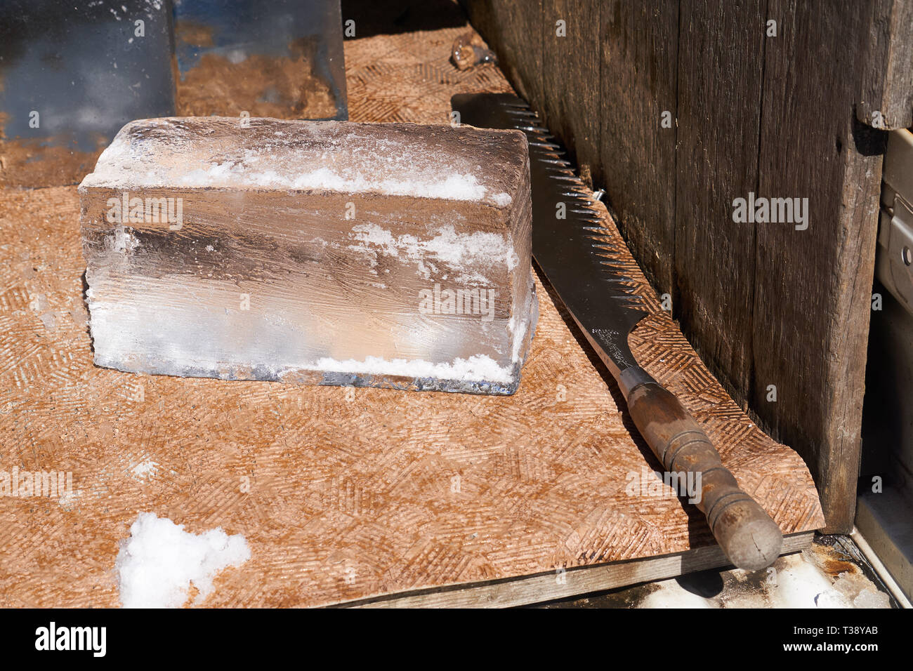 A block of ice and ice saw used by an ice cutter in Asakusa, Tokyo