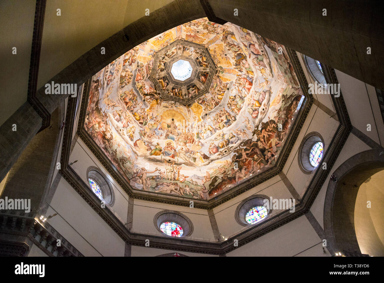 Fresco painting under Brunelleschi's Dome depicting the Last Judgement in the Florence Cathedral in quadratura style, Italy. Stock Photo