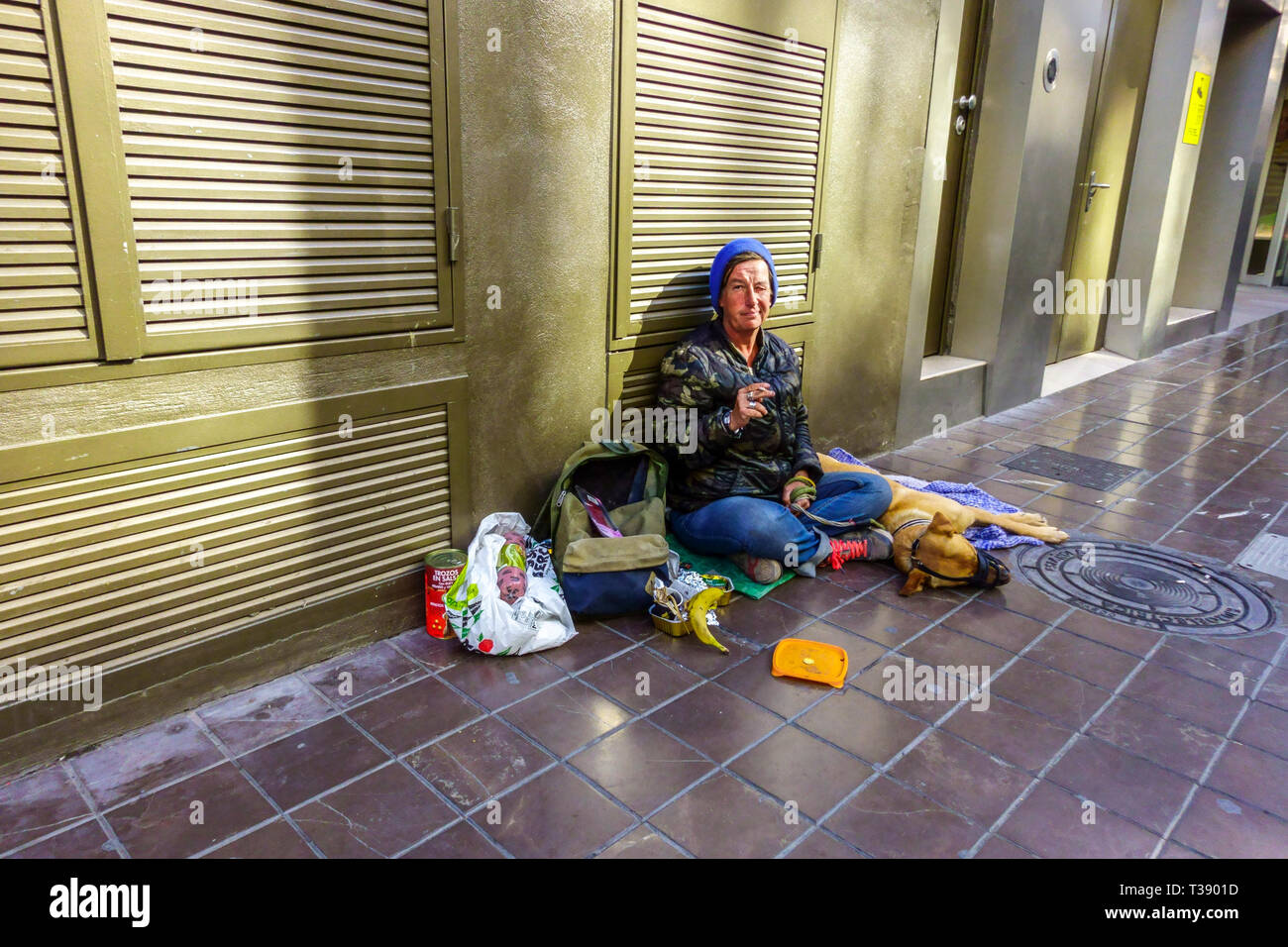 Homeless woman street begging in the city center with her dog, Valencia, Spain Europe woman begging in street Stock Photo