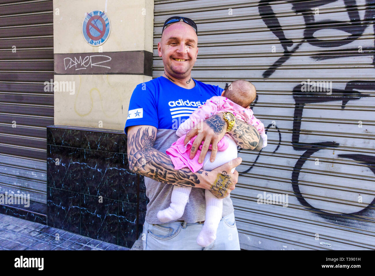 Portrait of a happy father with daughter, Valencia, El Botanico barrio, Spain Europe Stock Photo
