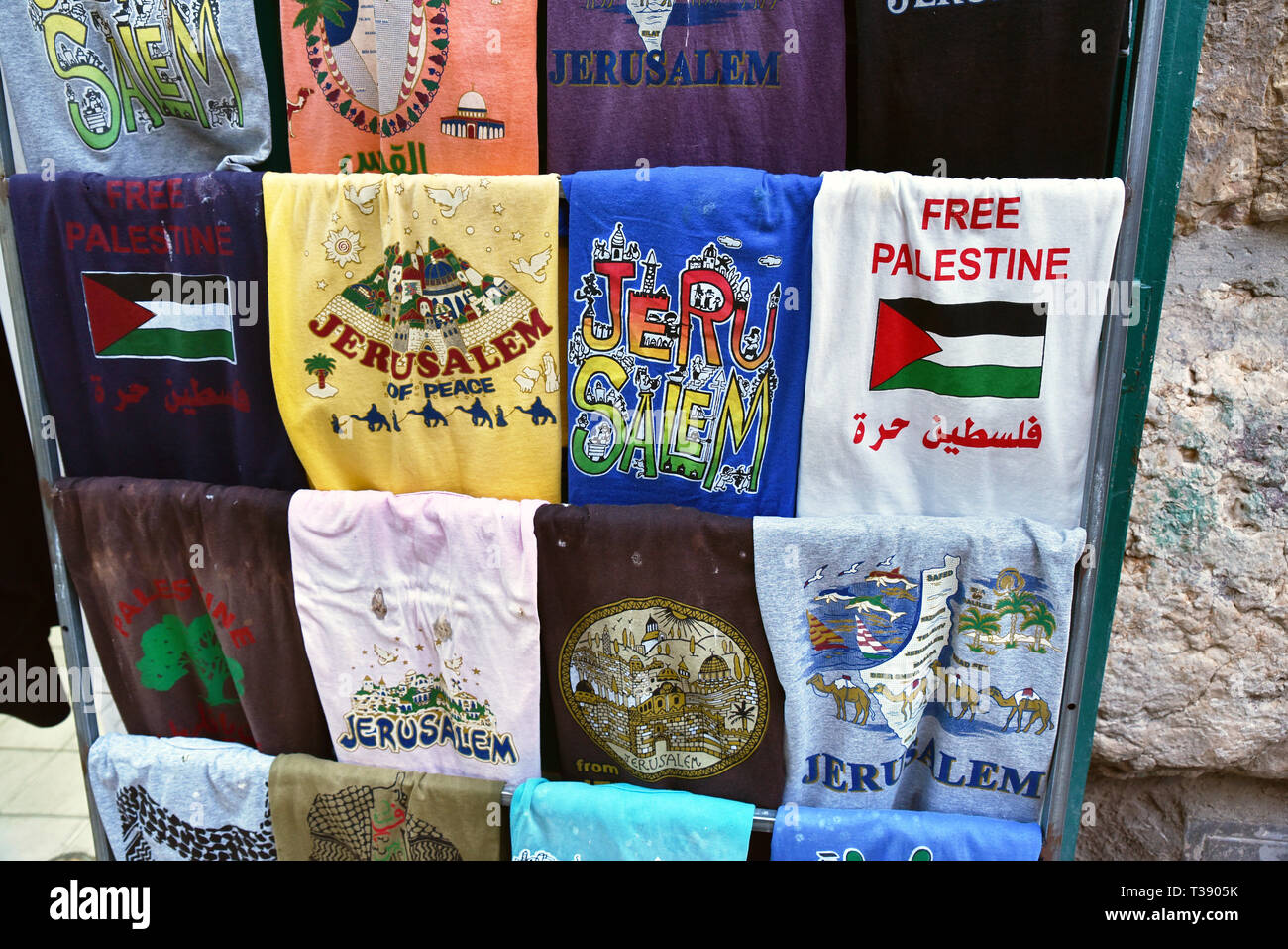 T shirts for sale in Muslim quarter Jerusalem Israel Stock Photo