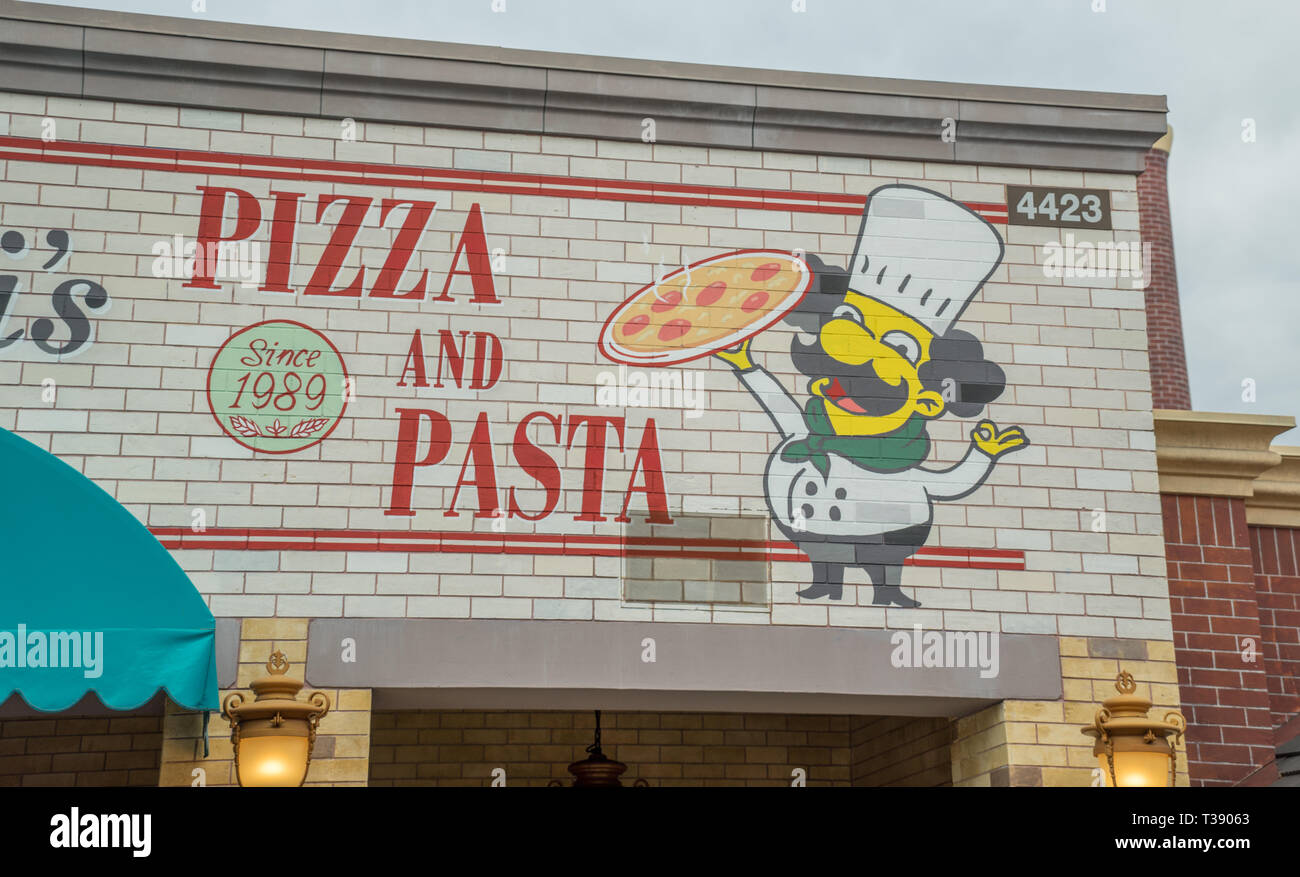 Universal Studios Theme Park, Pizza & Pasta Sign in Simpson Land