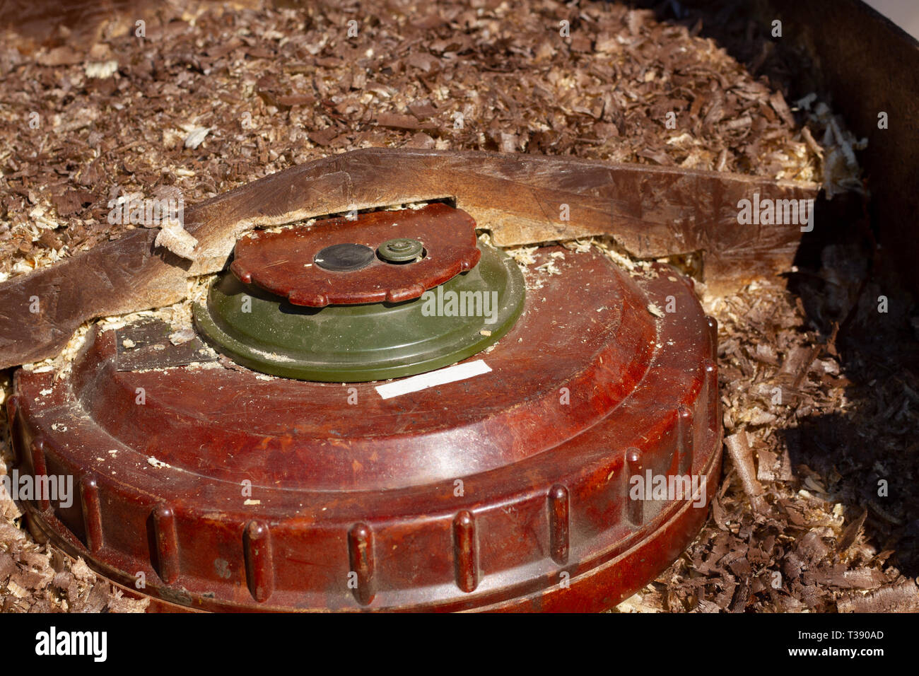 A mock training anti-tank mines. The device and the principle of the powerful anti-tank mines. An explosive device against heavy military equipment. Stock Photo