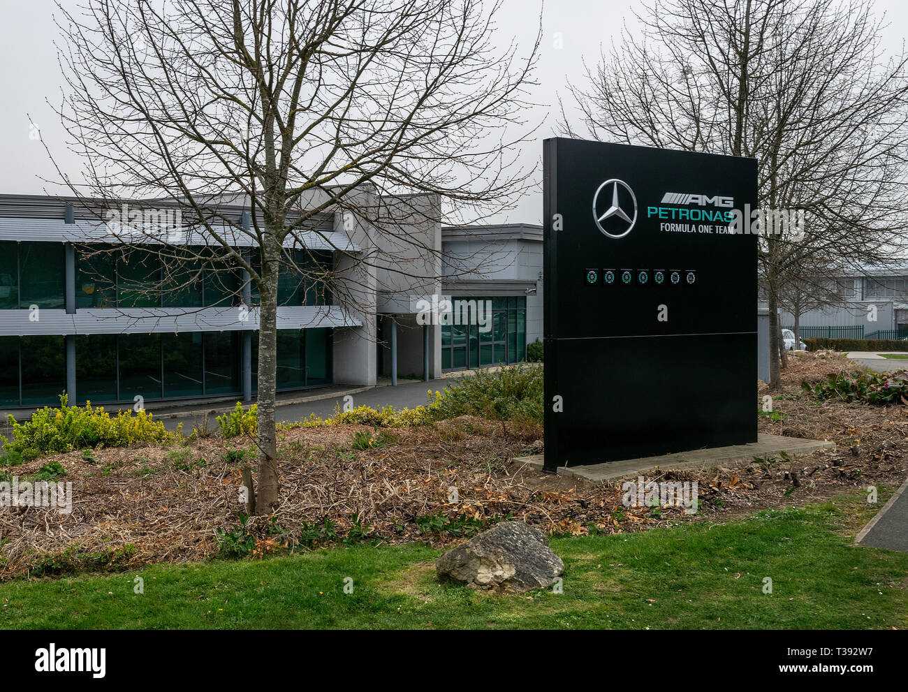 The Mercedes Benz Petronas engineering site in Brackley, Northamptonshire which is home to the Formula 1 racing team which is  close to Silverstone Stock Photo