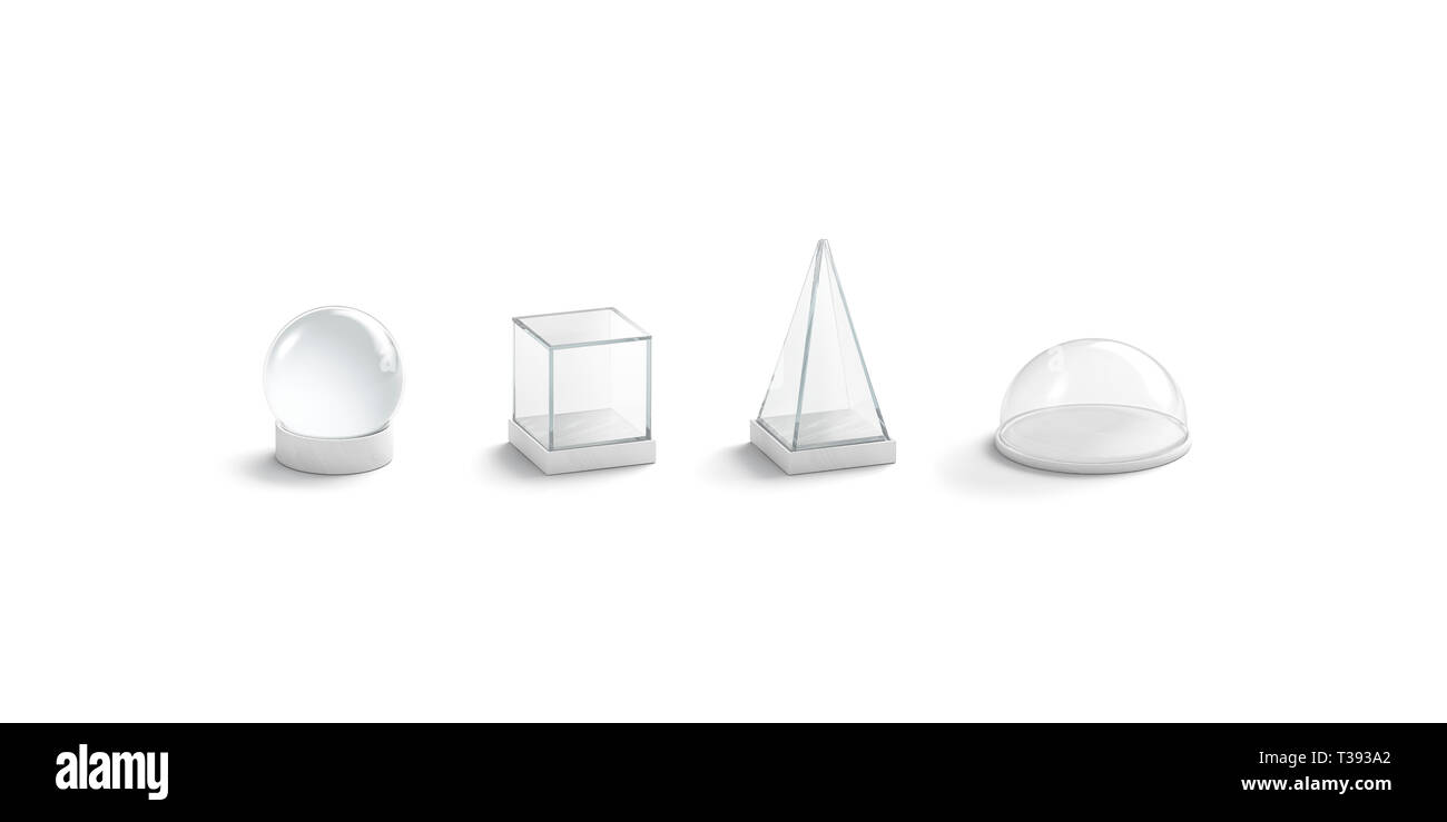 Blank white glass domes mockup set, isolated, 3d rendering. Empty plexiglass pyramid, ball, cube and plate dome mock up. Clear transparent presentatio Stock Photo