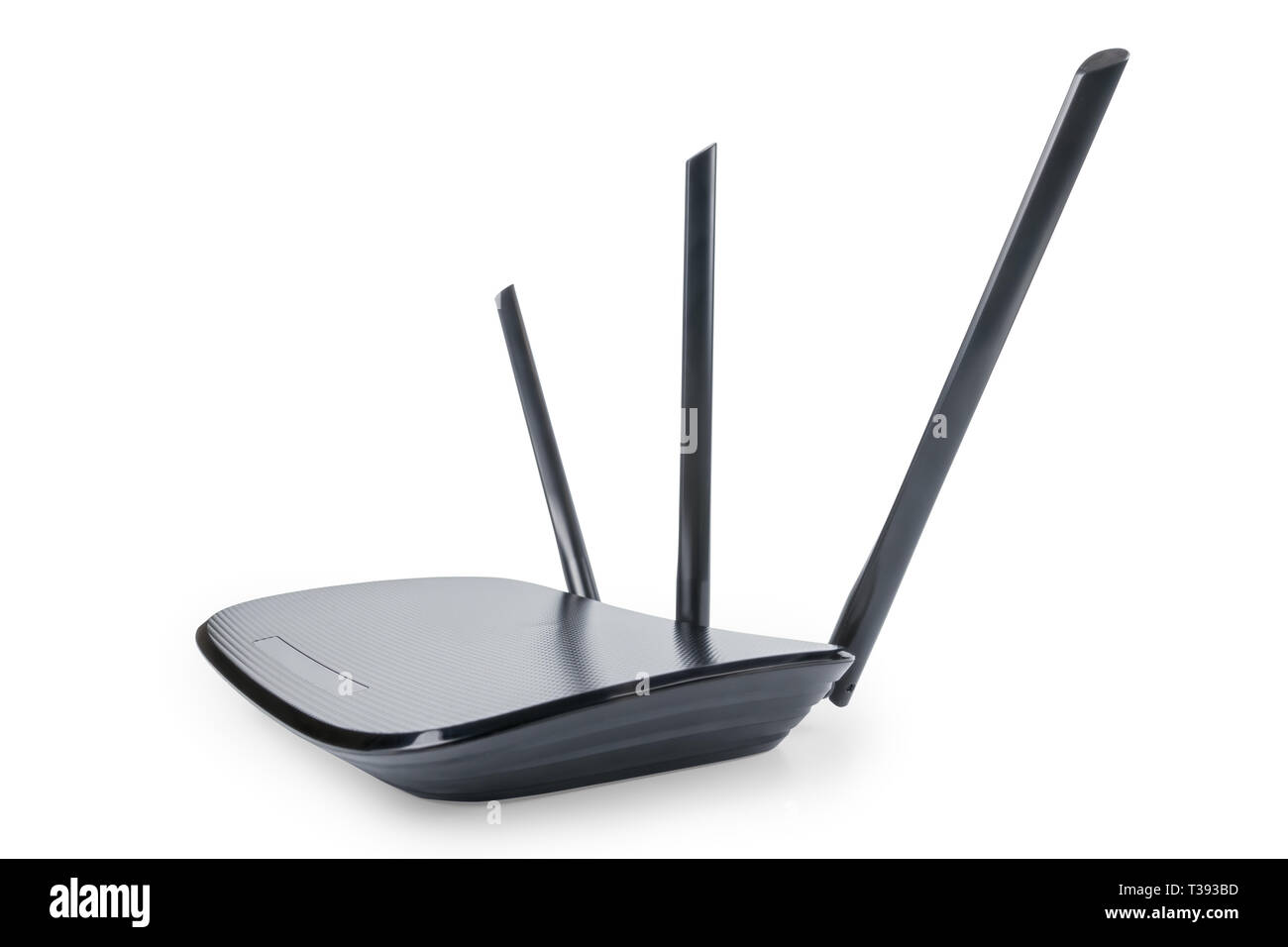 Black wifi router in wide angle perspective. Isolated on white, clipping path included Stock Photo