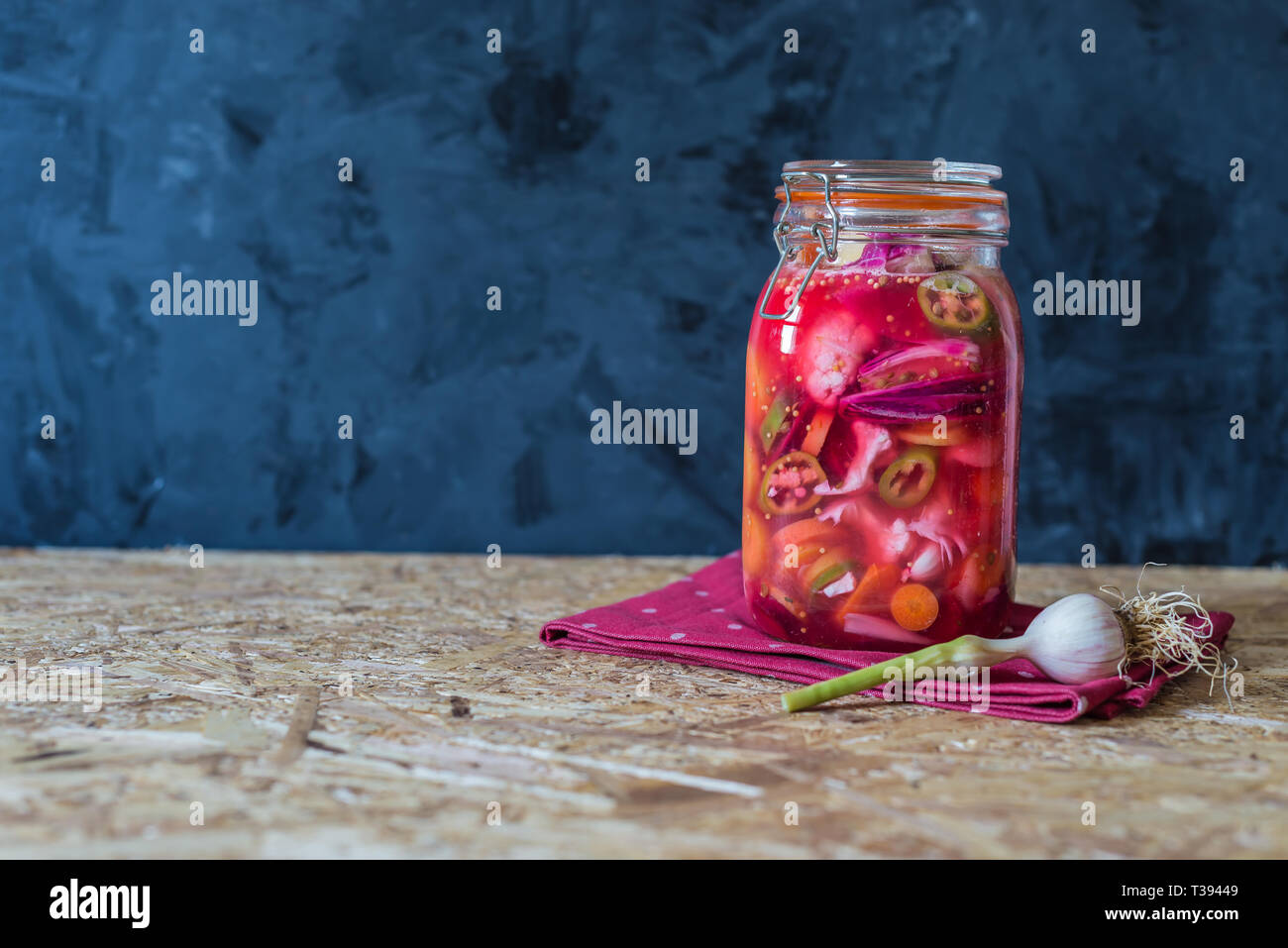 Jar of pickled vegetables by Indian traditional recipe Stock Photo