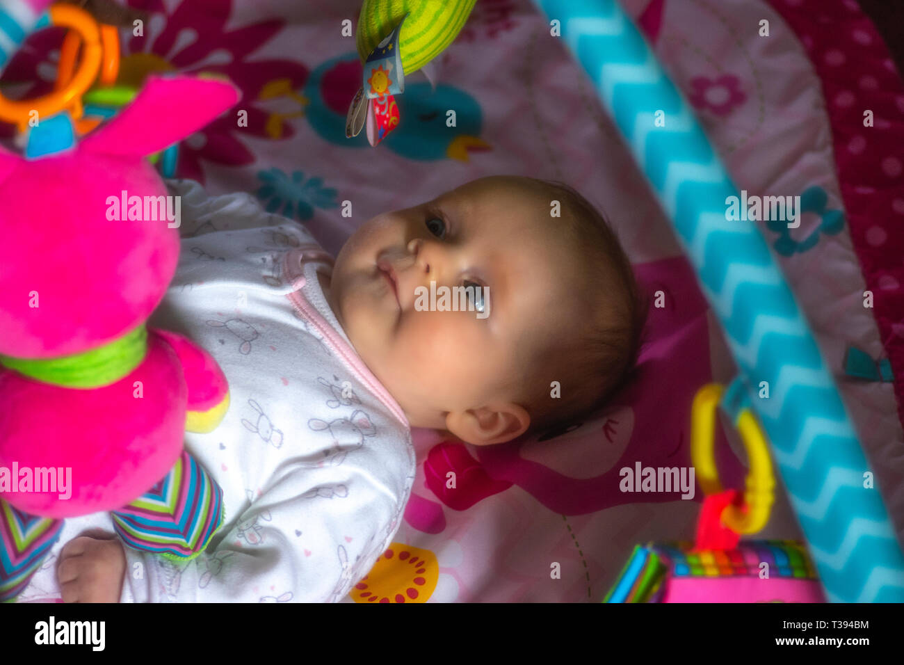 Happy baby laying on a playmat Stock Photo Alamy
