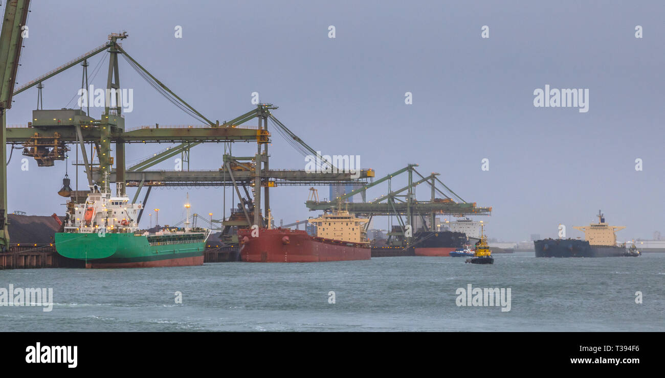 Nautical bulk carrier ships in iron ore harbour at Rotterdam port, The Netherlands Stock Photo