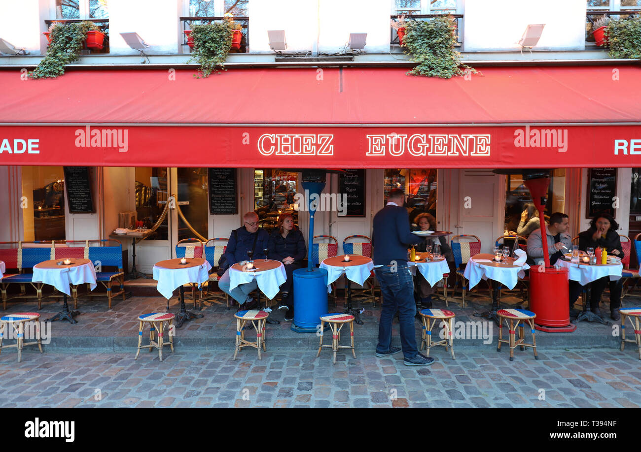 The traditional French restaurant Chez Eugene located in Montmartre in 18 district of Paris, France. Stock Photo