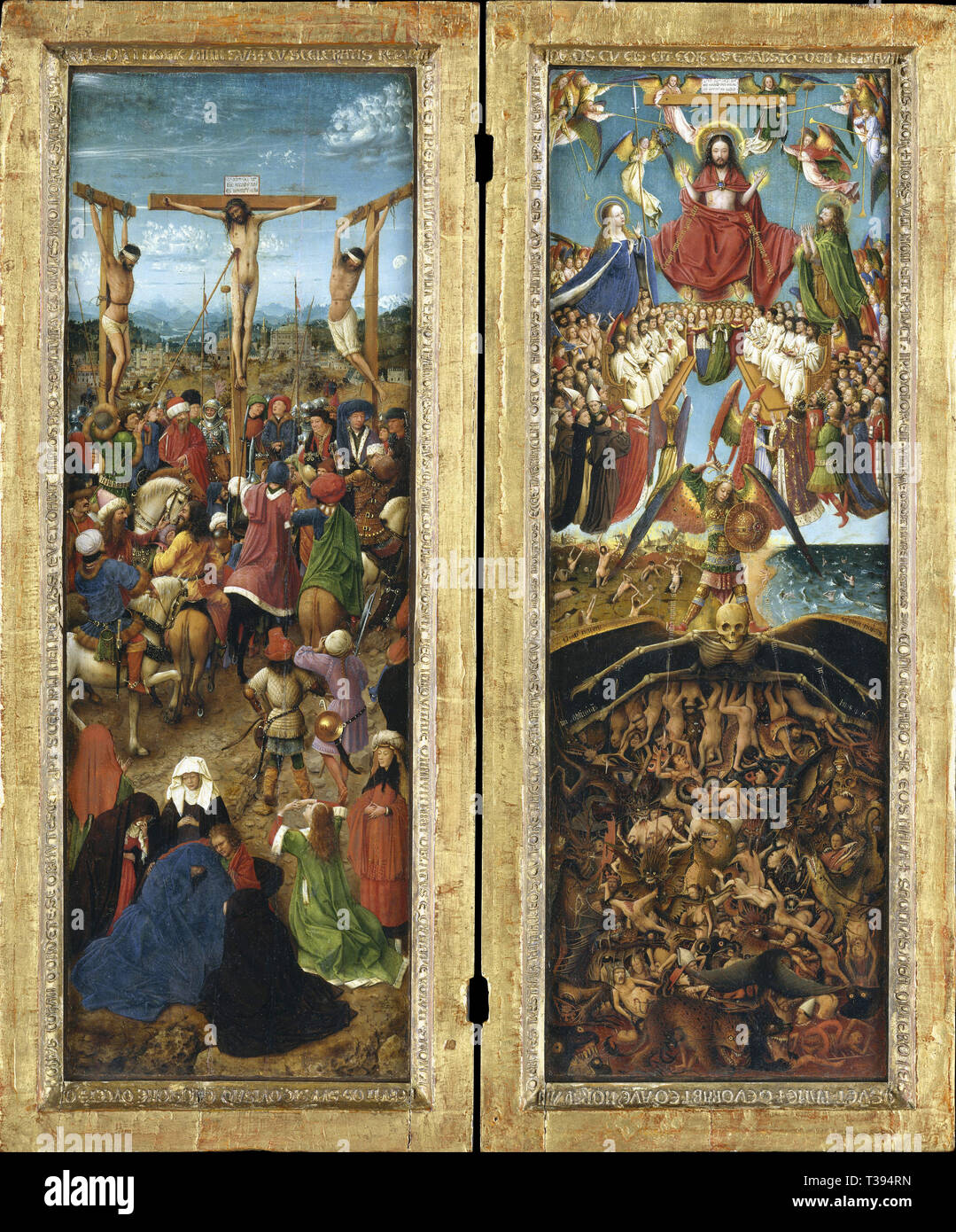 The Crucifixion and Last Judgement diptych, Diptych with Calvary and Last Judgement by Jan van Eyck Stock Photo