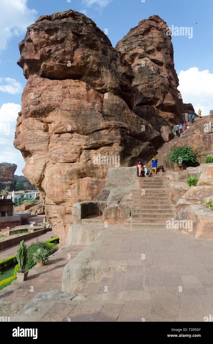 Steps leading to Cave 2 of Badami Cave Temples in Badami, Karnataka, India Stock Photo