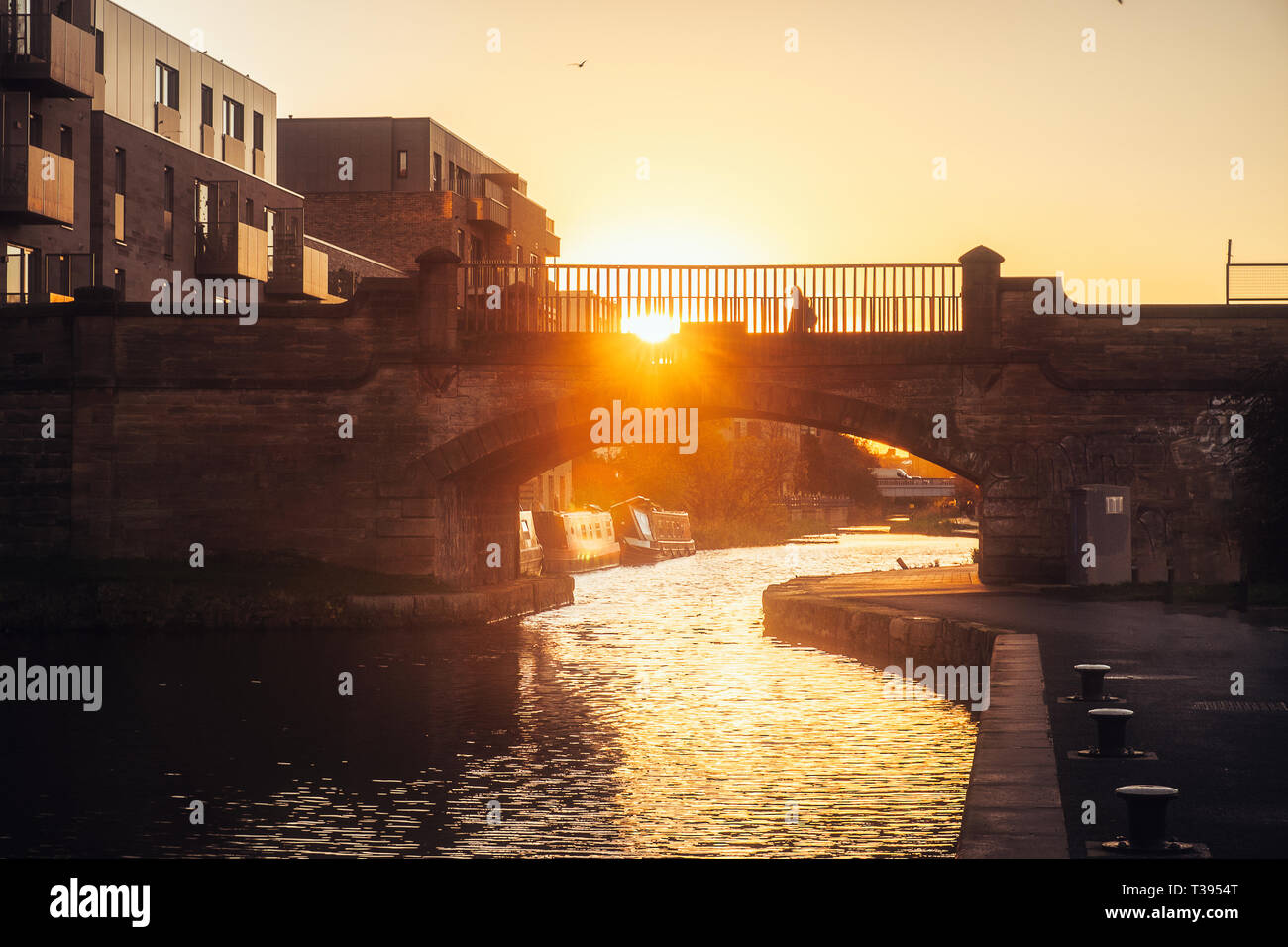 City bridge over the canal on the sunset, Edinburgh, United Kingdom Stock Photo