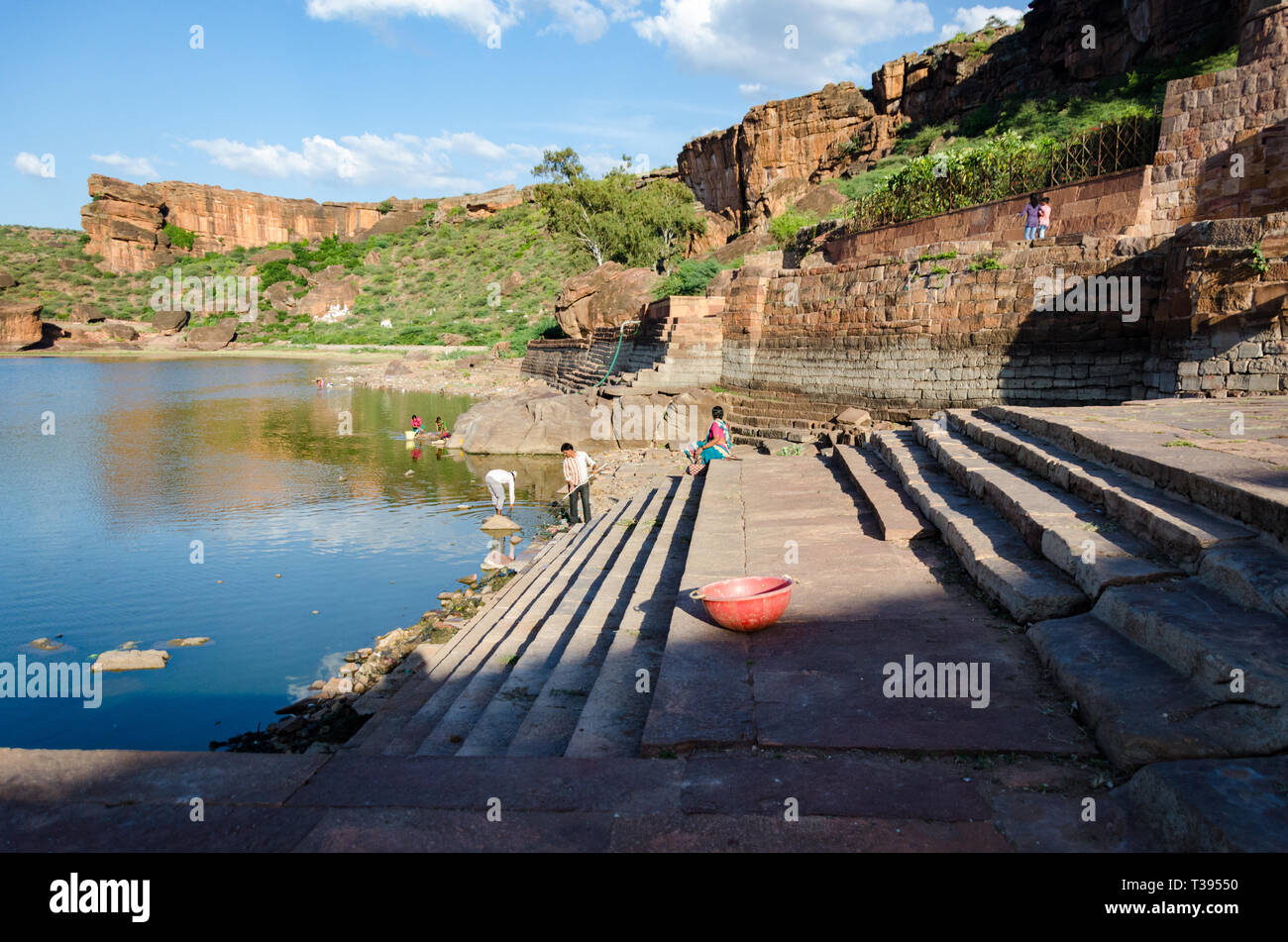 View of Agastya lake in Badami, Karnataka, India Stock Photo