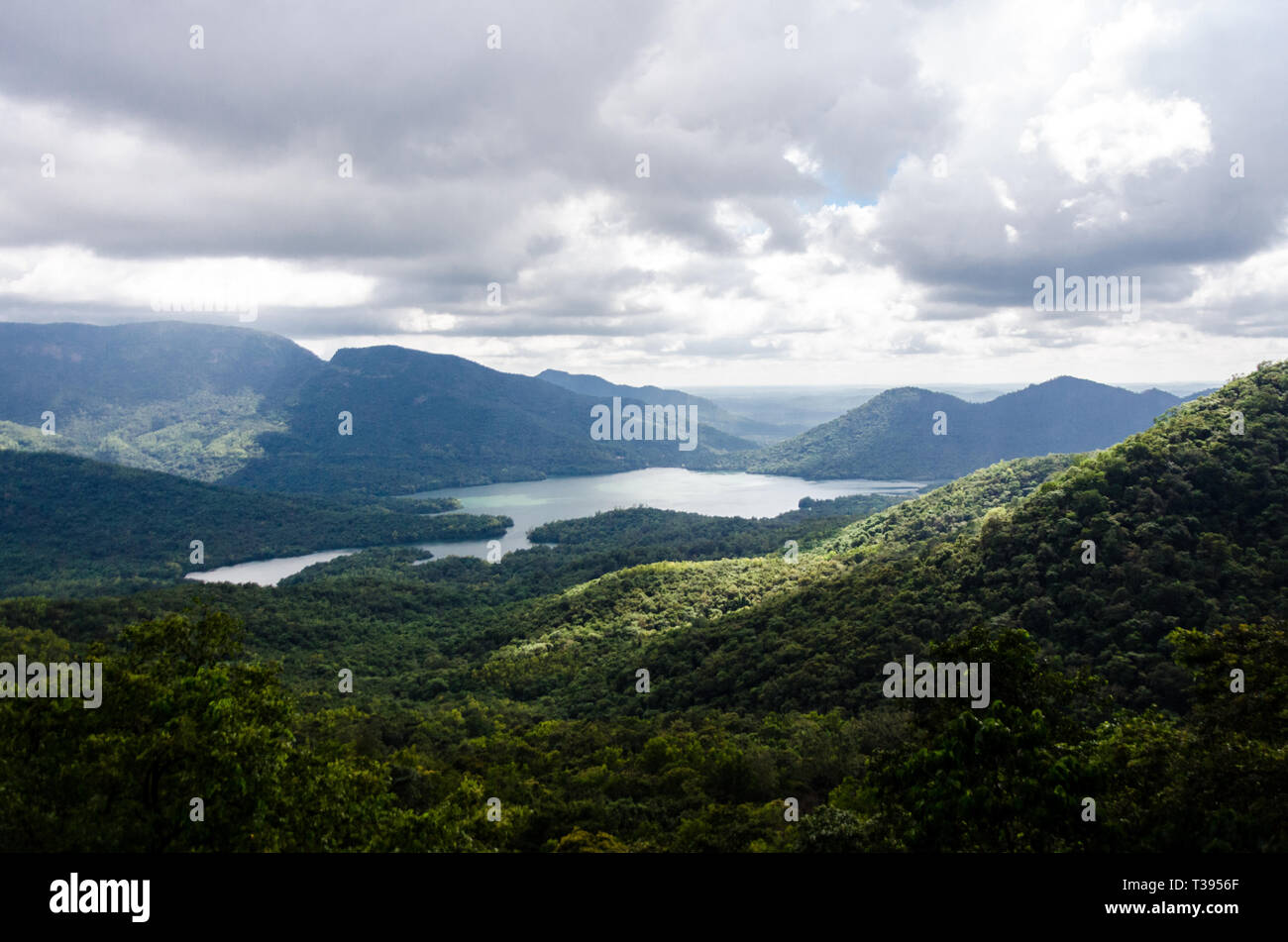 View of Anjunem Dam Reservoir from Chorla Ghat Viewpoint in Goa, India. Chorla ghat is a scenic road that connects Goa to Belagavi (Belgaum). Stock Photo