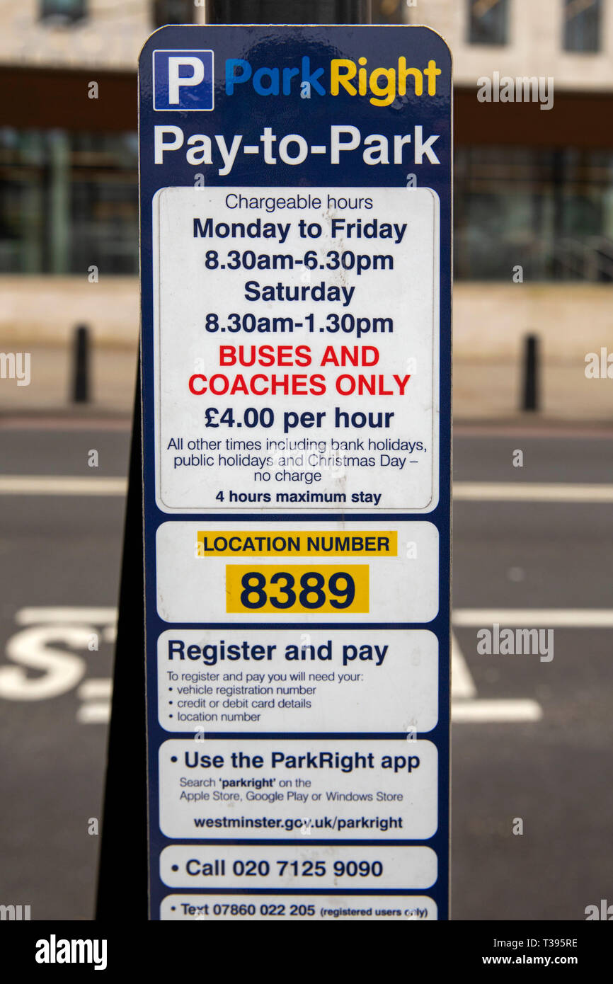ParkRight, pay to park signage, London, Friday, March 22, 2019.Photo: David Rowland / One-Image.com Stock Photo