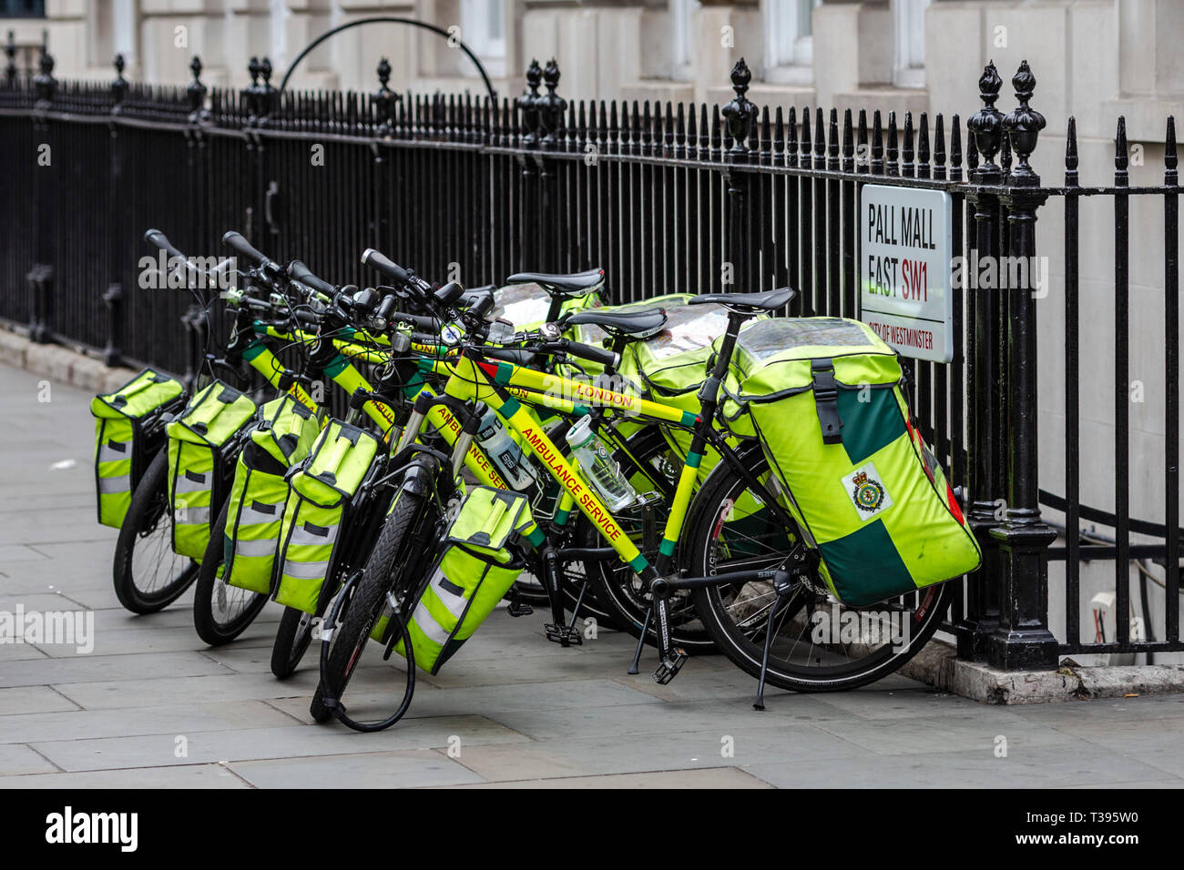 London Ambulance Service Bicycles, Pall Mall East, London, Saturday, March 23, 2019.Photo: David Rowland / One-Image.com Stock Photo