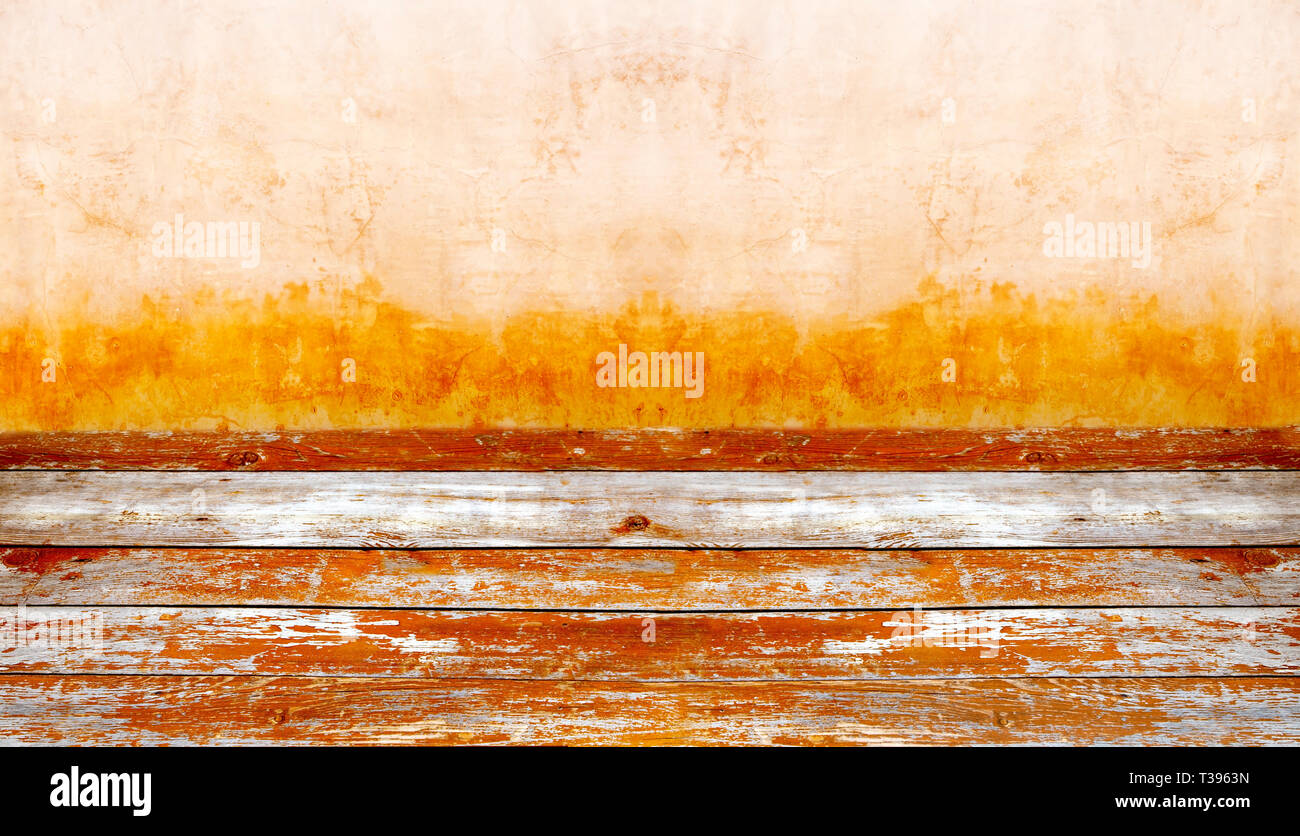 Grunge wooden board and grunge wall background Stock Photo