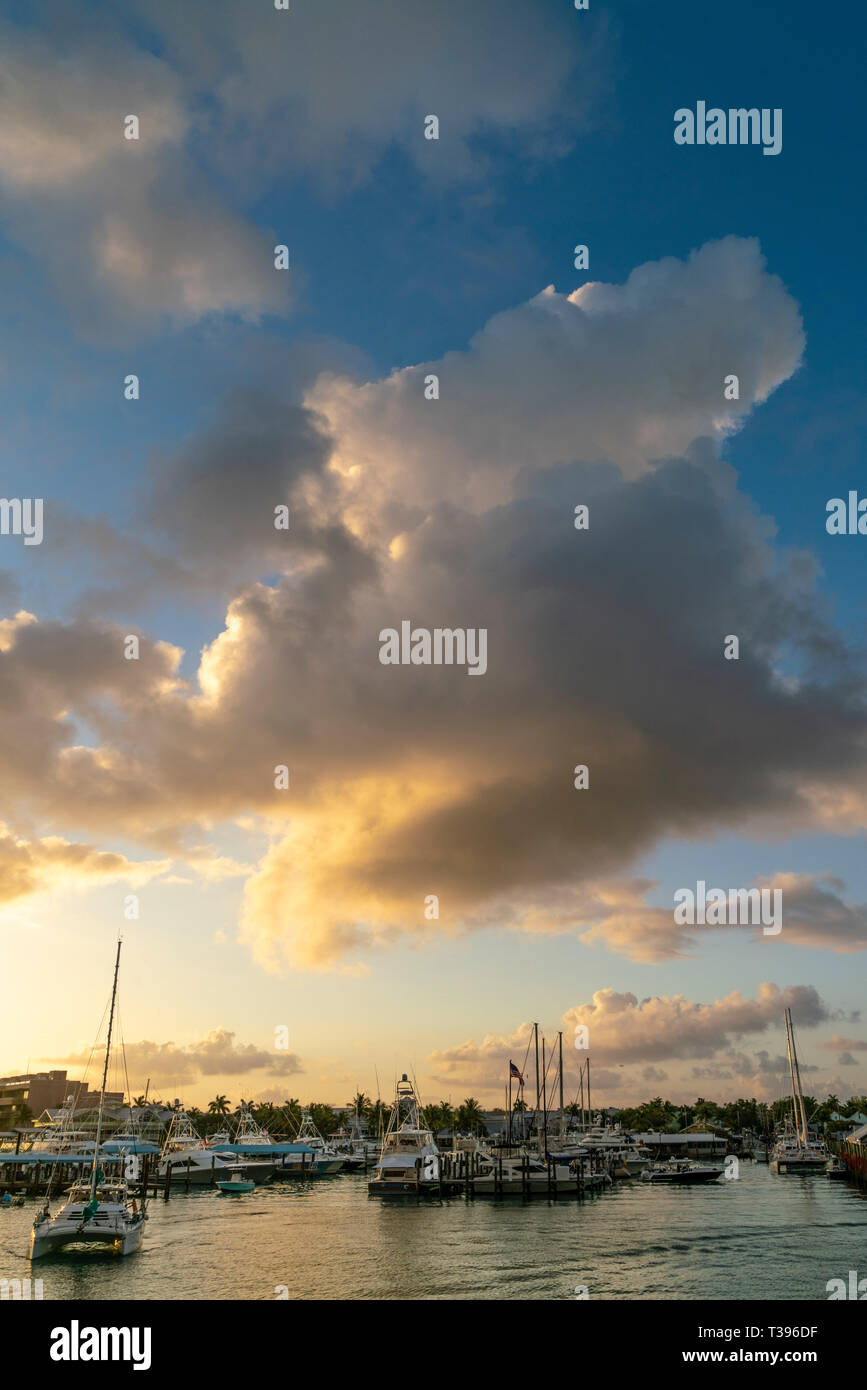 Marina in Key West Florida at sunrise. Beautiful dramatic skies. Stock Photo