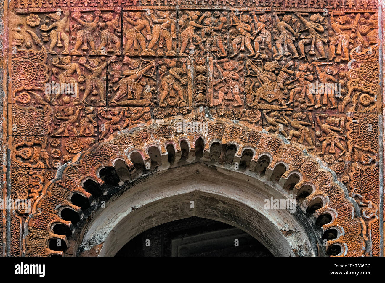 Close-up of relief carving of the Pancharatna Gobinda Temple, part of Puthia Temple Complex, Rajshahi Division, Bangladesh Stock Photo