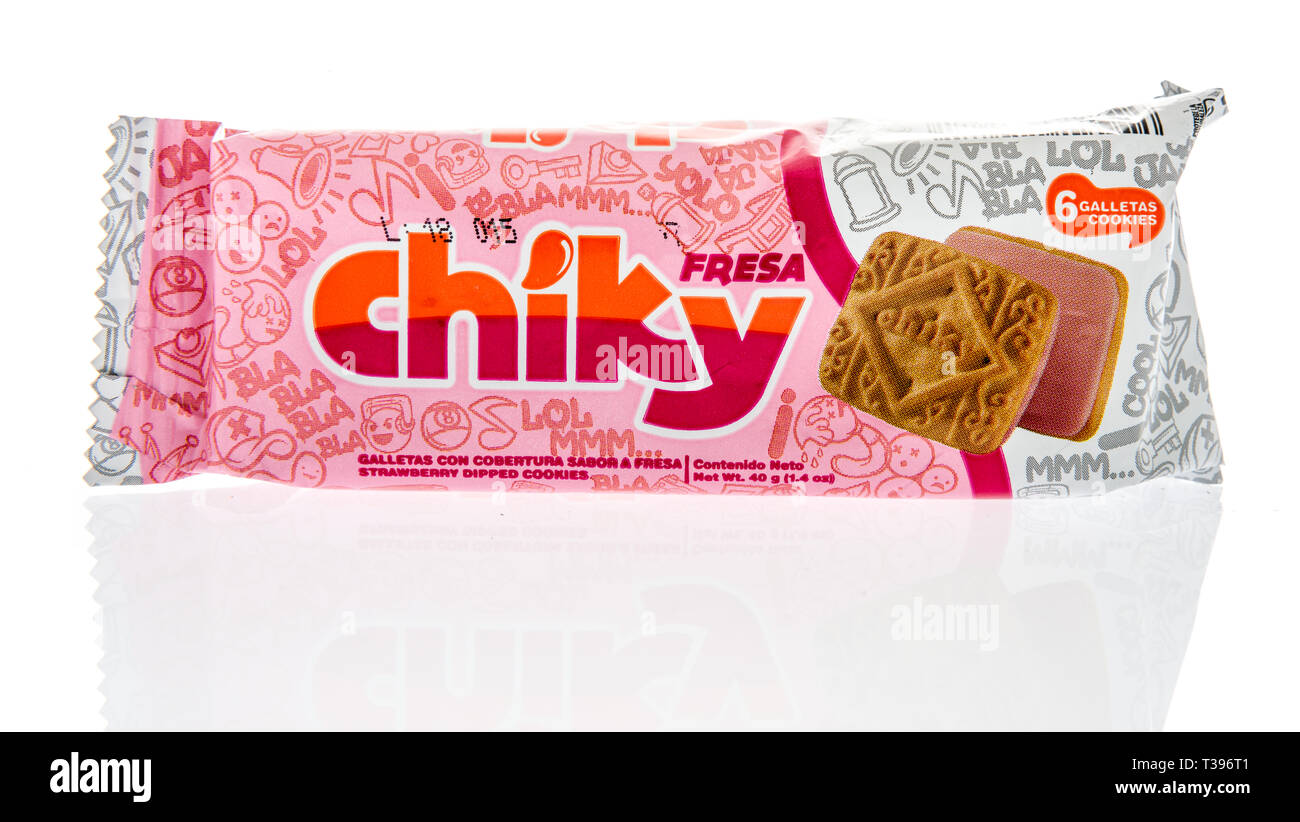 Winneconne, WI -  2 April 2019: A package of Chiky fresa strawberry cookies on an isolated background Stock Photo