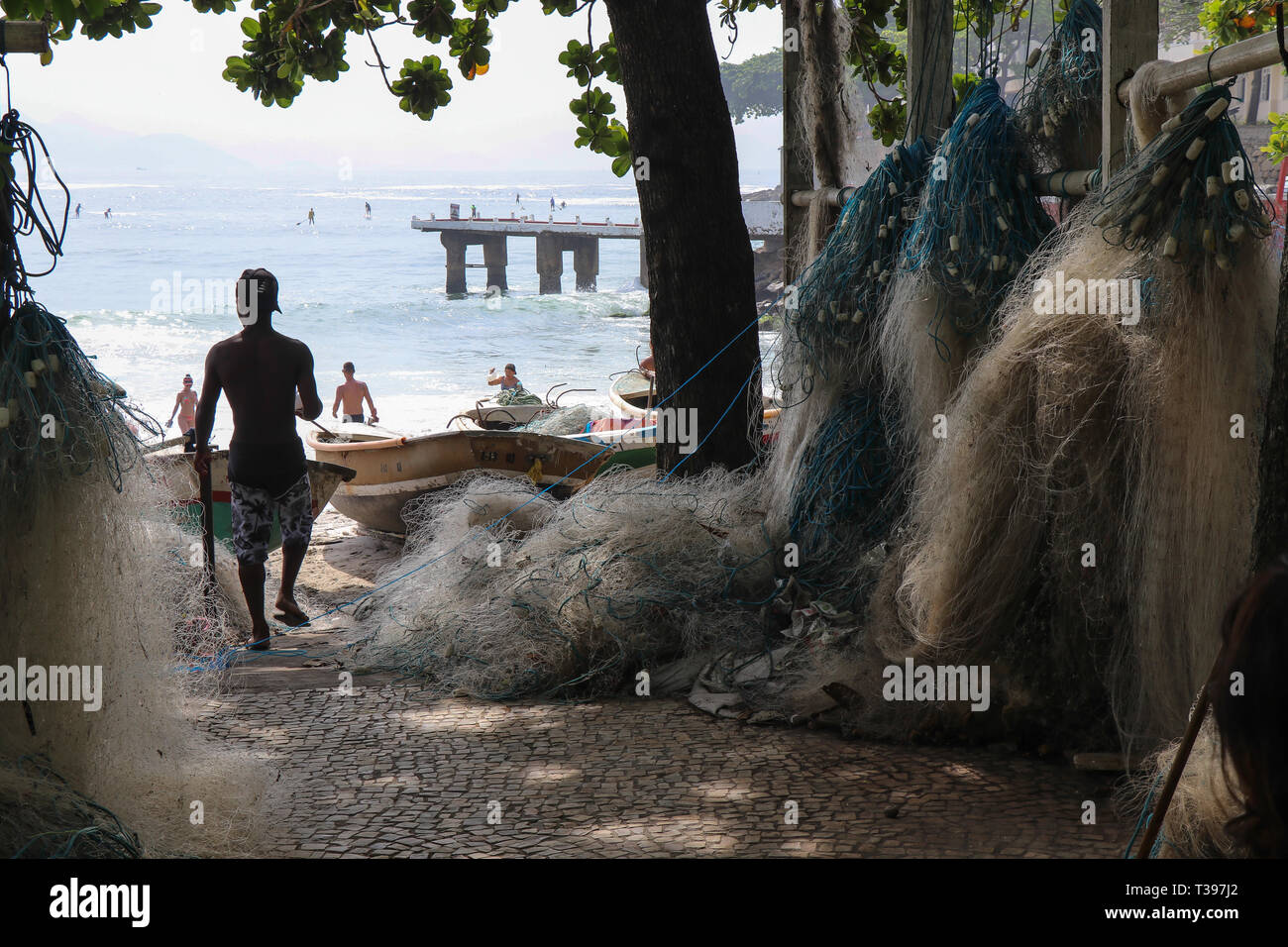 Walking on the beach of Copacabana Stock Photo