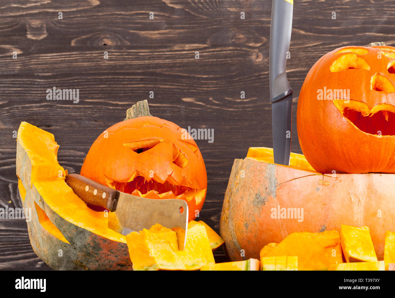 Old crumpled shabby pumpkin for use in the Halloween holiday closeup Stock Photo