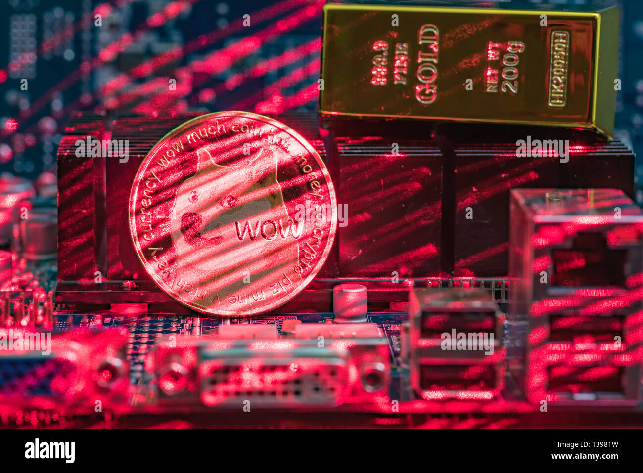 Front view of Dogecoin cryptocurrency and golden brick or block over  computer video card.Bitcoin mining farm, working computer equipment concept  Stock Photo - Alamy