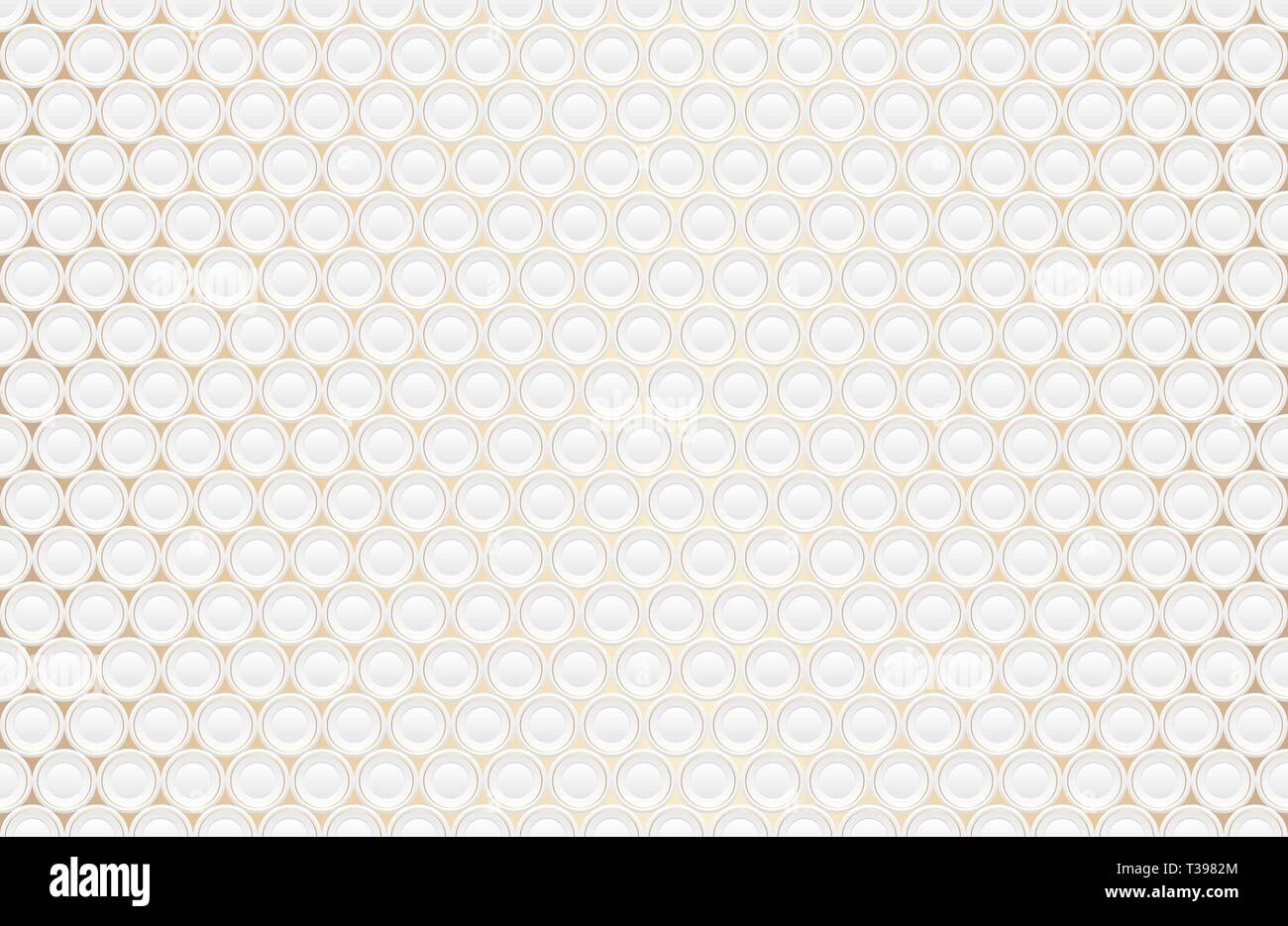 Abstract embossing volume white texture, vector seamless pattern. Depressed round shape background, 3d geometric pattern. Round dot with golden ring Stock Vector