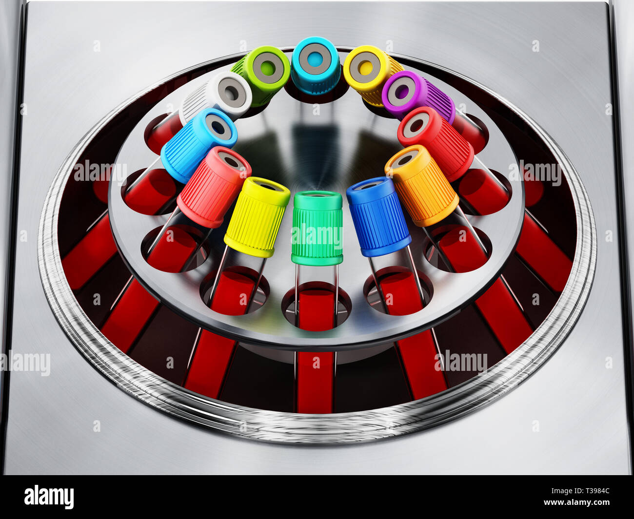 Blood centrifuge machine with test tubes full of blood samples. 3D illustration. Stock Photo