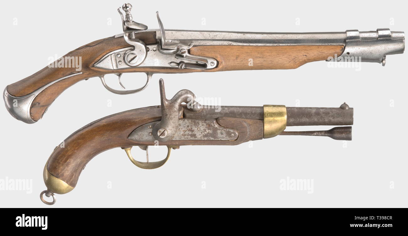 Small arms, pistols, flintlock pistol, probably French, 18th century, below: replica of a French cavalry caplock pistol model 1822, Additional-Rights-Clearance-Info-Not-Available Stock Photo