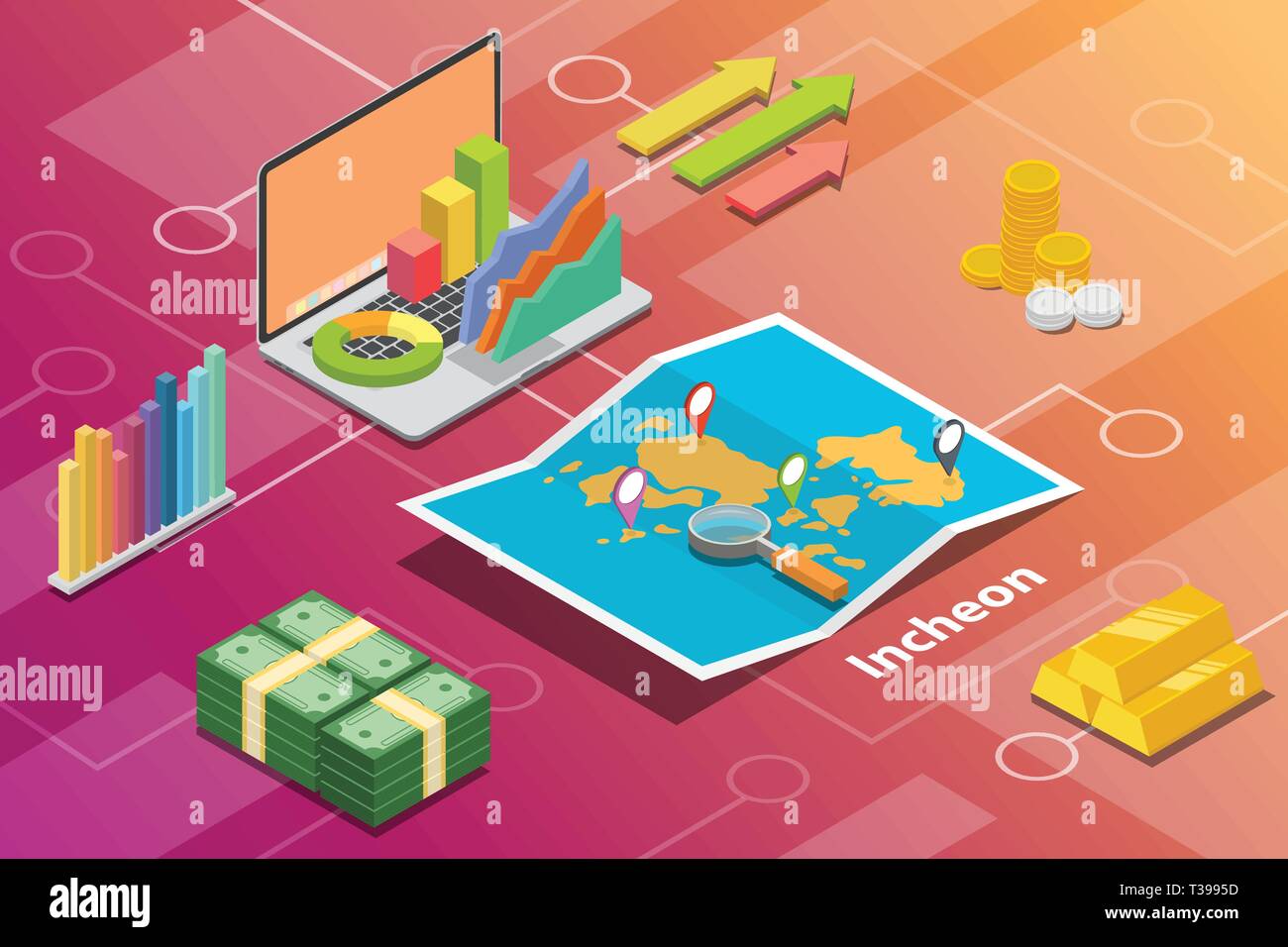 incheon city isometric financial economy condition concept for describe cities growth expand - vector Stock Vector
