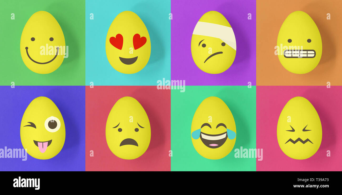 Easter emoji eggs on a colourful background of squares Stock Photo