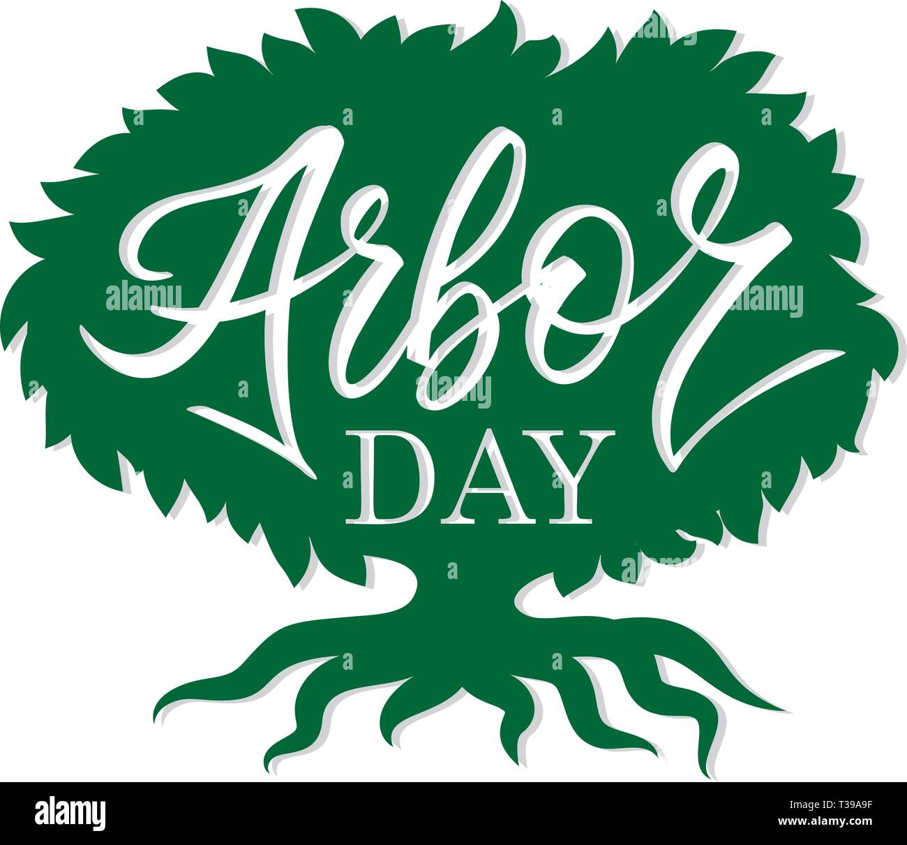 "Arbor day" words in a tree. Hand-writing, lettering, typography, calligraphy. One color dark-green, with light gray shadow. For poster, banner, card. Stock Vector