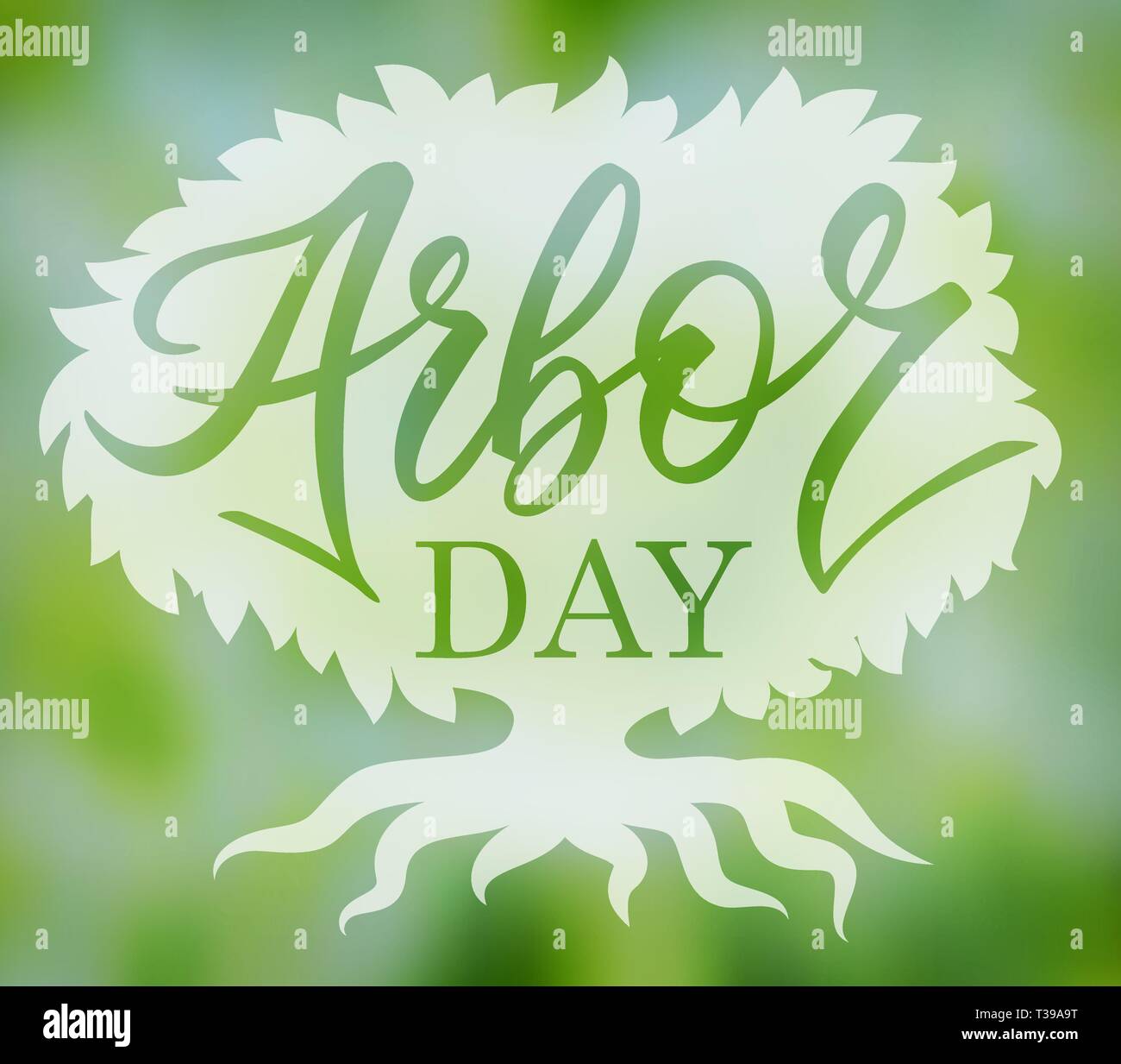 'Arbor day' words in a tree. Hand-writing, lettering, typography, calligraphy. One color dark-green, with light gray shadow. For poster, banner, card. Stock Vector