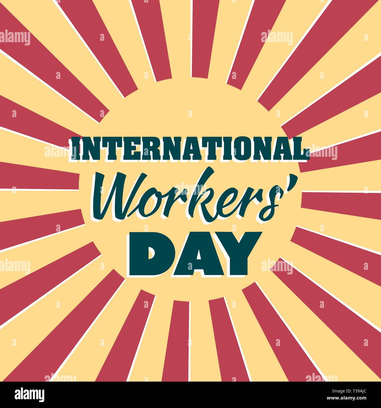 Workingman holding a sign for Workers' Day celebration inside in a rounded button with long shadow. Stock Vector